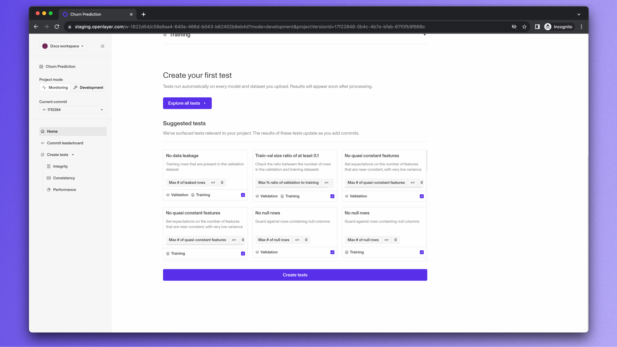 Suggested tests