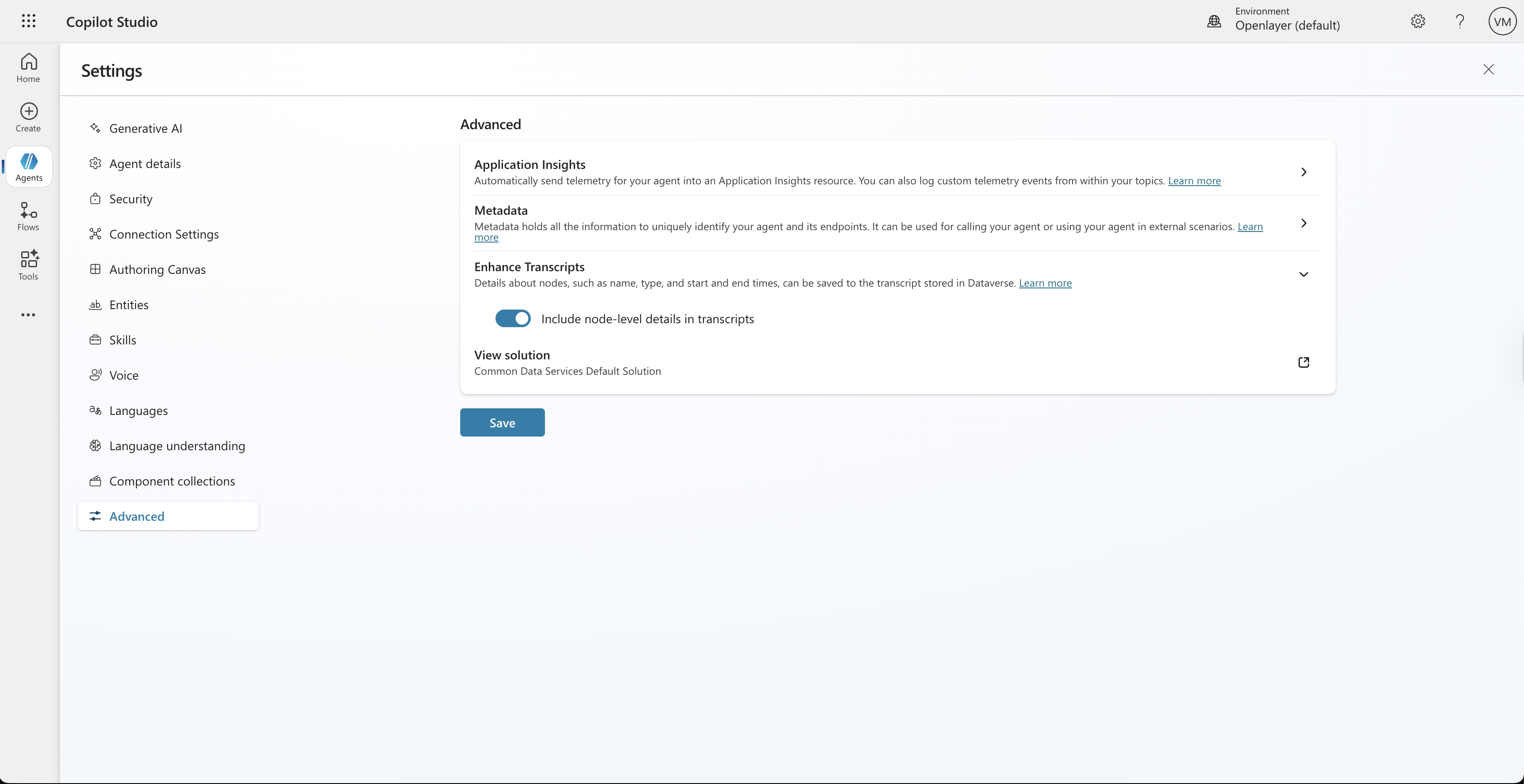 Microsoft Copilot Studio agent settings showing Enhanced Transcripts option