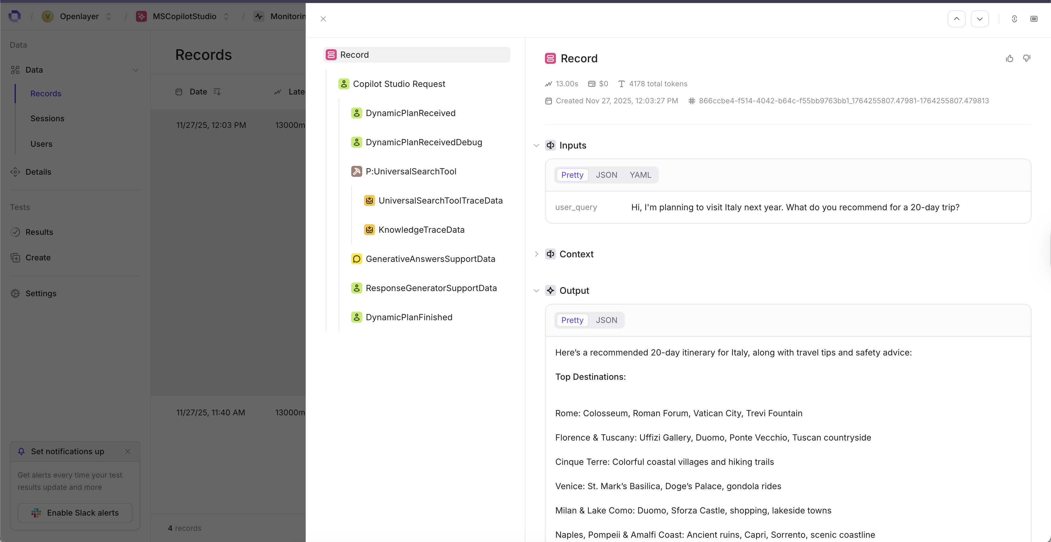 Example of a Microsoft Copilot Studio conversation trace in Openlayer