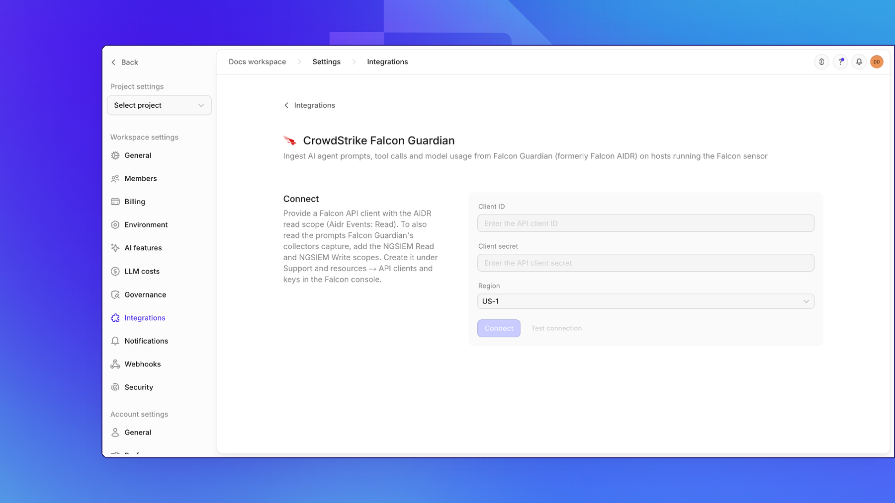 The CrowdStrike Falcon Guardian connect form in Openlayer, with the Client ID, Client secret, and Region fields, Connect, and Test connection