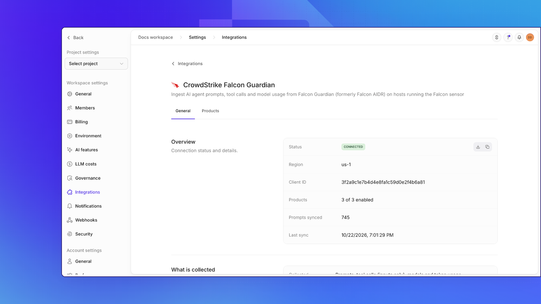 The General tab of a connected CrowdStrike Falcon Guardian integration in Openlayer, with the overview: status, region, client ID, products enabled, prompts synced, and last sync