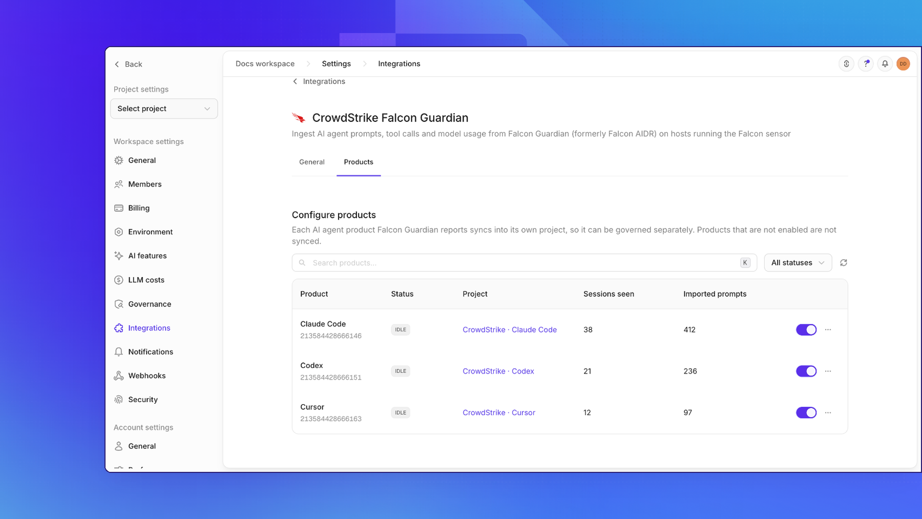 The Products tab, listing Claude Code, Codex, and Cursor, each idle and syncing into its own CrowdStrike · product project, with sessions seen, imported prompts, and the enable switch