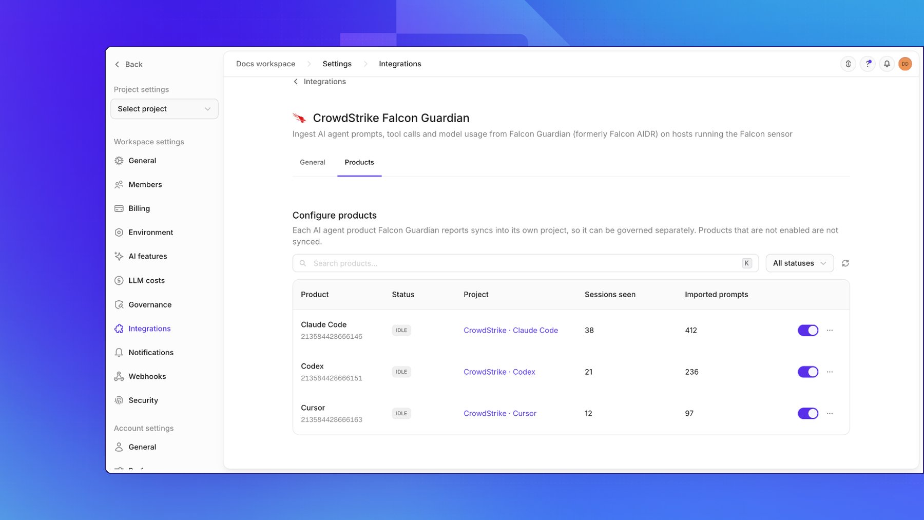The Products tab, listing Claude Code, Codex, and Cursor, each idle and syncing into its own CrowdStrike · product project, with sessions seen, imported prompts, and the enable switch