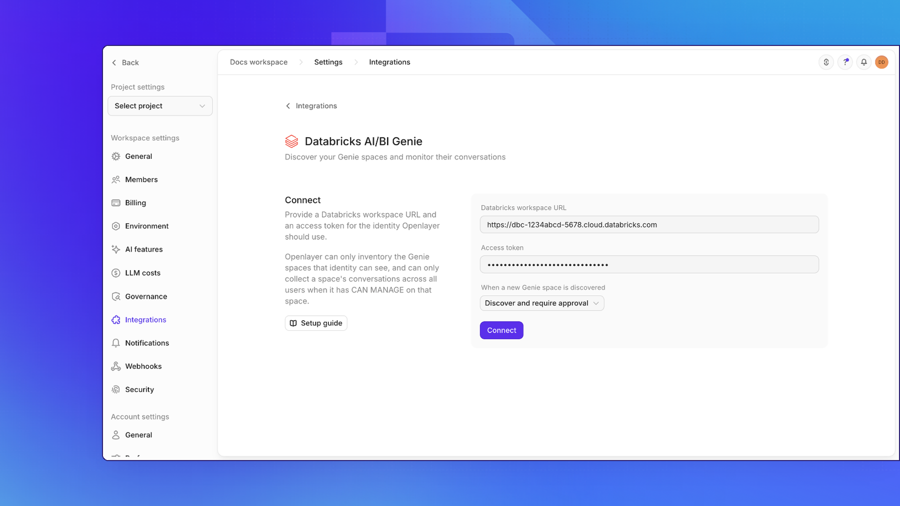 The Databricks AI/BI Genie connect form in Openlayer, with a workspace URL, a masked access token, and a registration policy selector