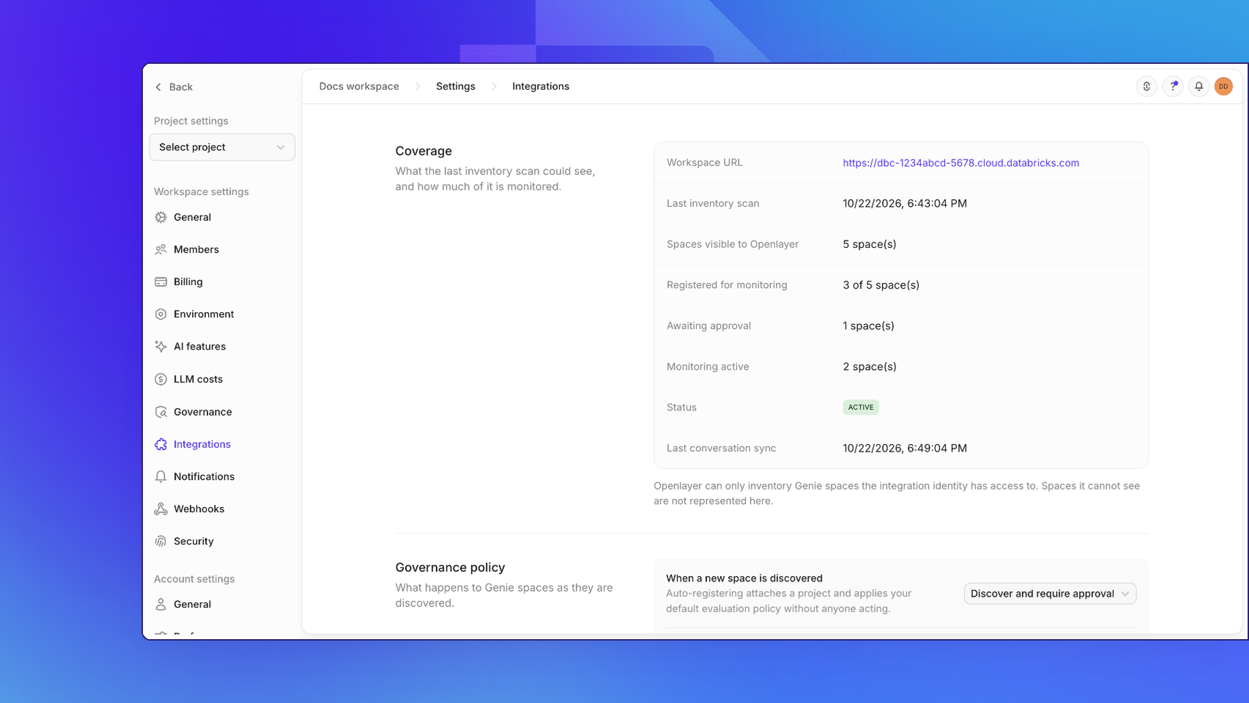 The Databricks AI/BI Genie Coverage panel in Openlayer, showing the workspace URL, last inventory scan, spaces visible, spaces registered, spaces awaiting approval, spaces with monitoring active, status, and last conversation sync