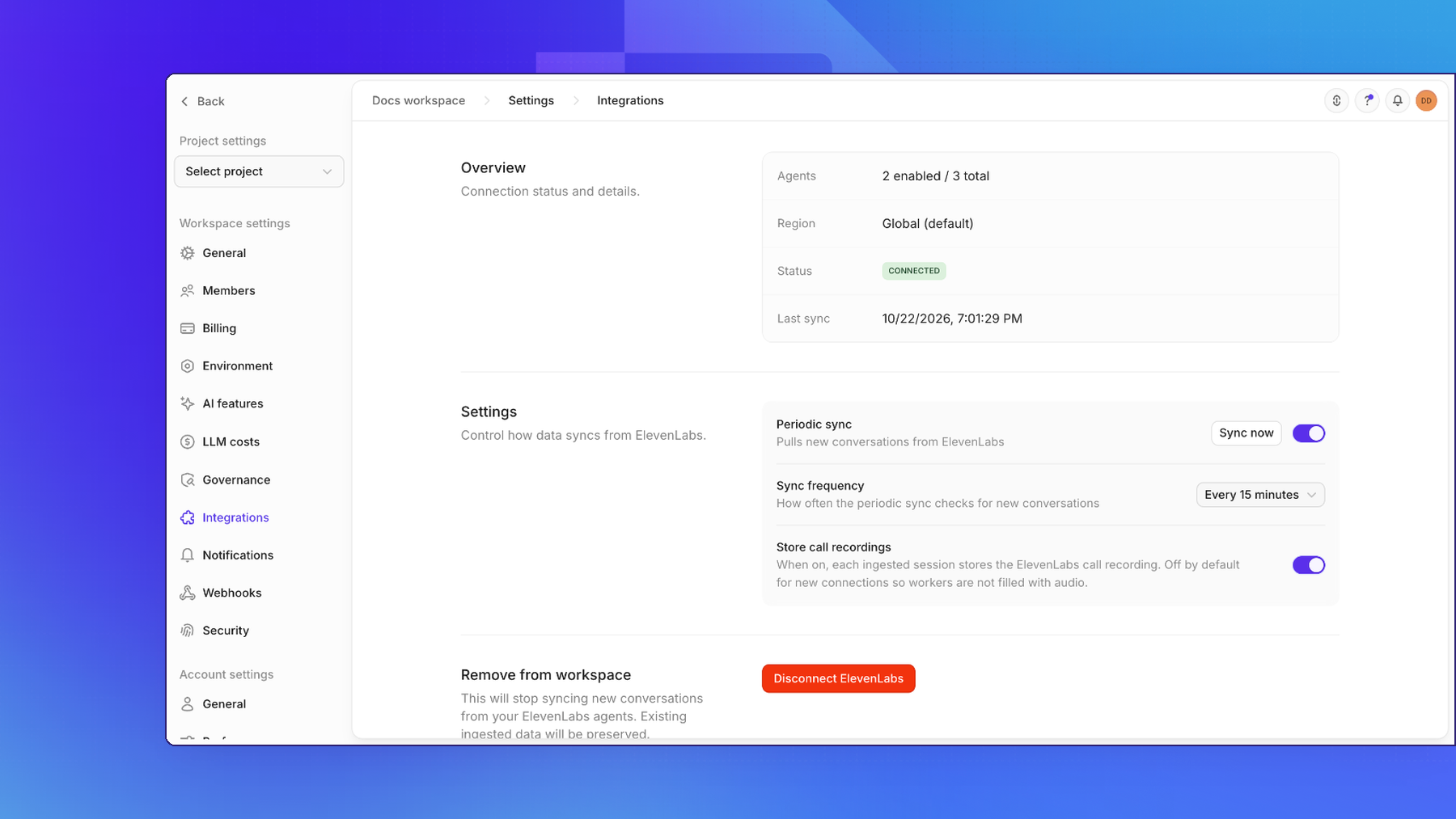 The General tab of a connected ElevenLabs integration in Openlayer, with the overview and the Periodic sync, Sync frequency, and Store call recordings settings
