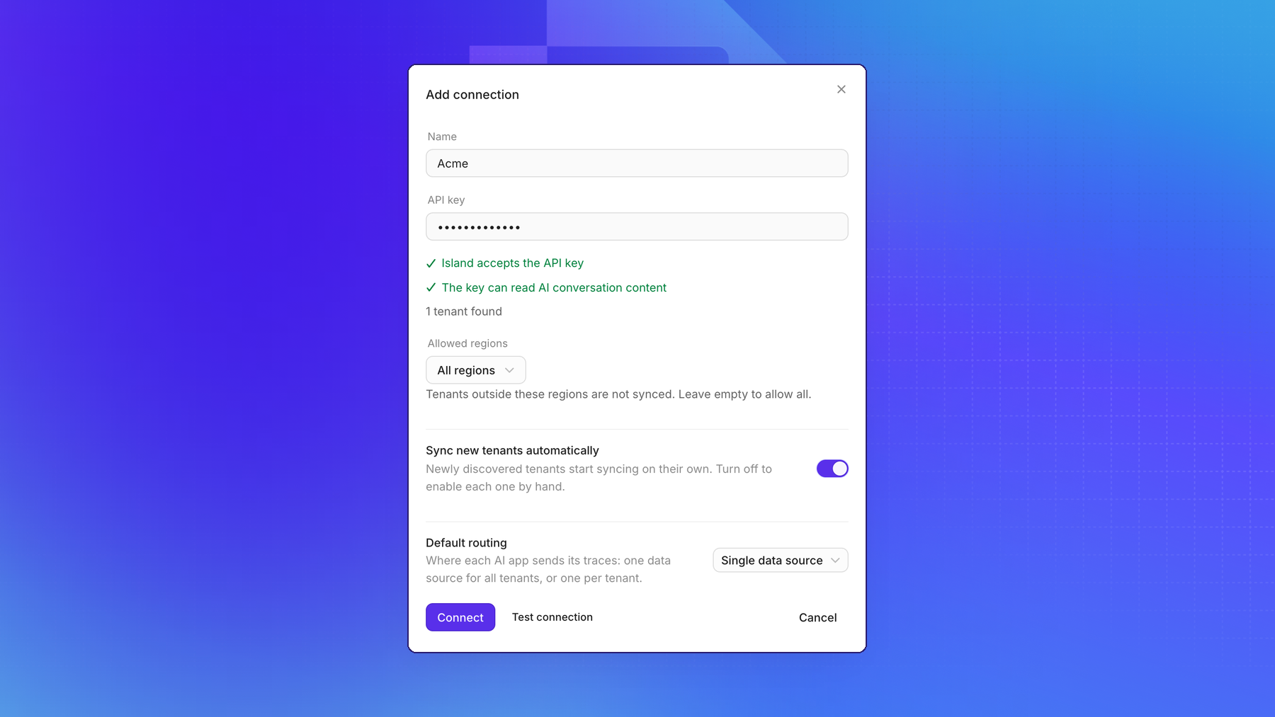 The Island Add connection dialog in Openlayer, with the connection name Acme, a masked API key, the checks Island accepts the API key and The key can read AI conversation content, 1 tenant found, and the Connect and Test connection buttons