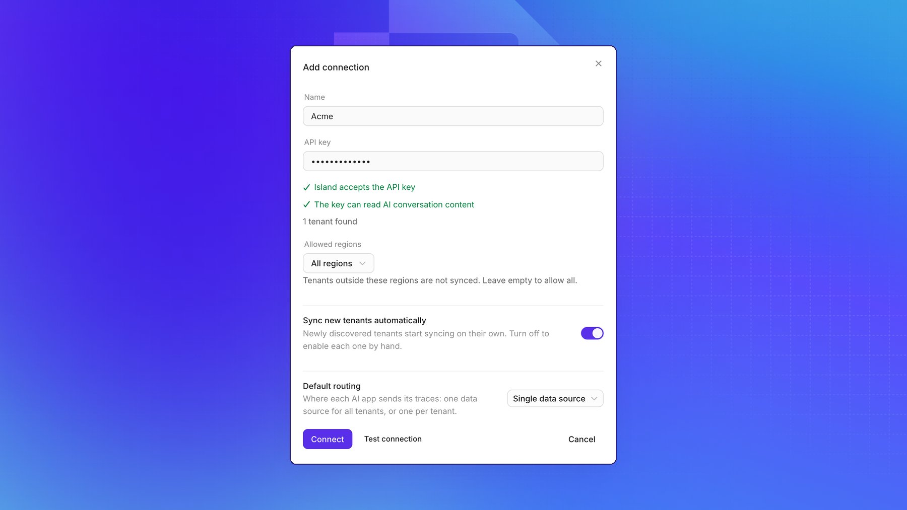 The Island Add connection dialog in Openlayer, with the connection name Acme, a masked API key, the checks Island accepts the API key and The key can read AI conversation content, 1 tenant found, and the Connect and Test connection buttons