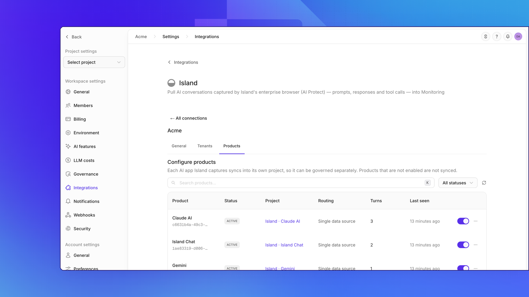 The Island Products tab with Claude AI, Island Chat, and Gemini, each active and mapped to its own Island · app project
