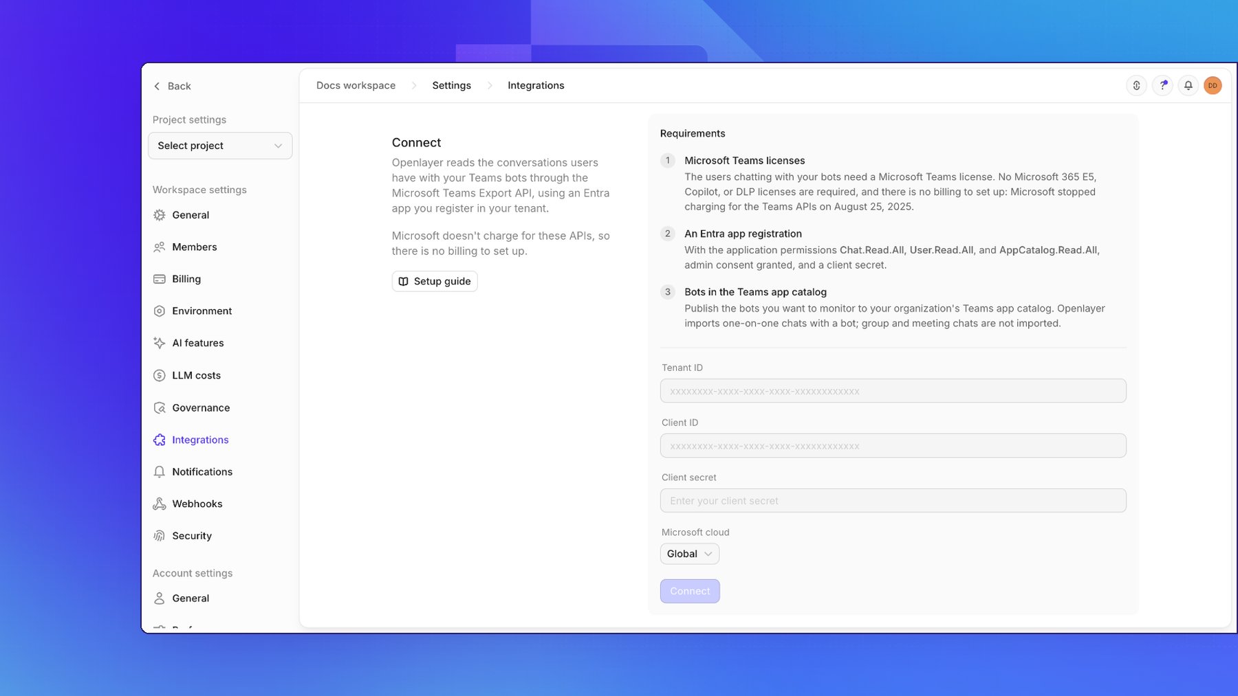 The Microsoft Teams bots connect form in Openlayer, with the Requirements checklist, the Tenant ID, Client ID, Client secret, and Microsoft cloud fields, and Connect