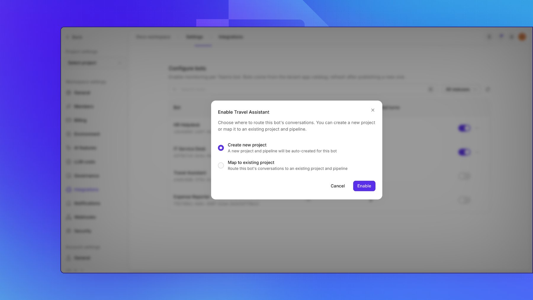 The Enable Travel Assistant dialog, with Create new project selected and Map to existing project as the alternative