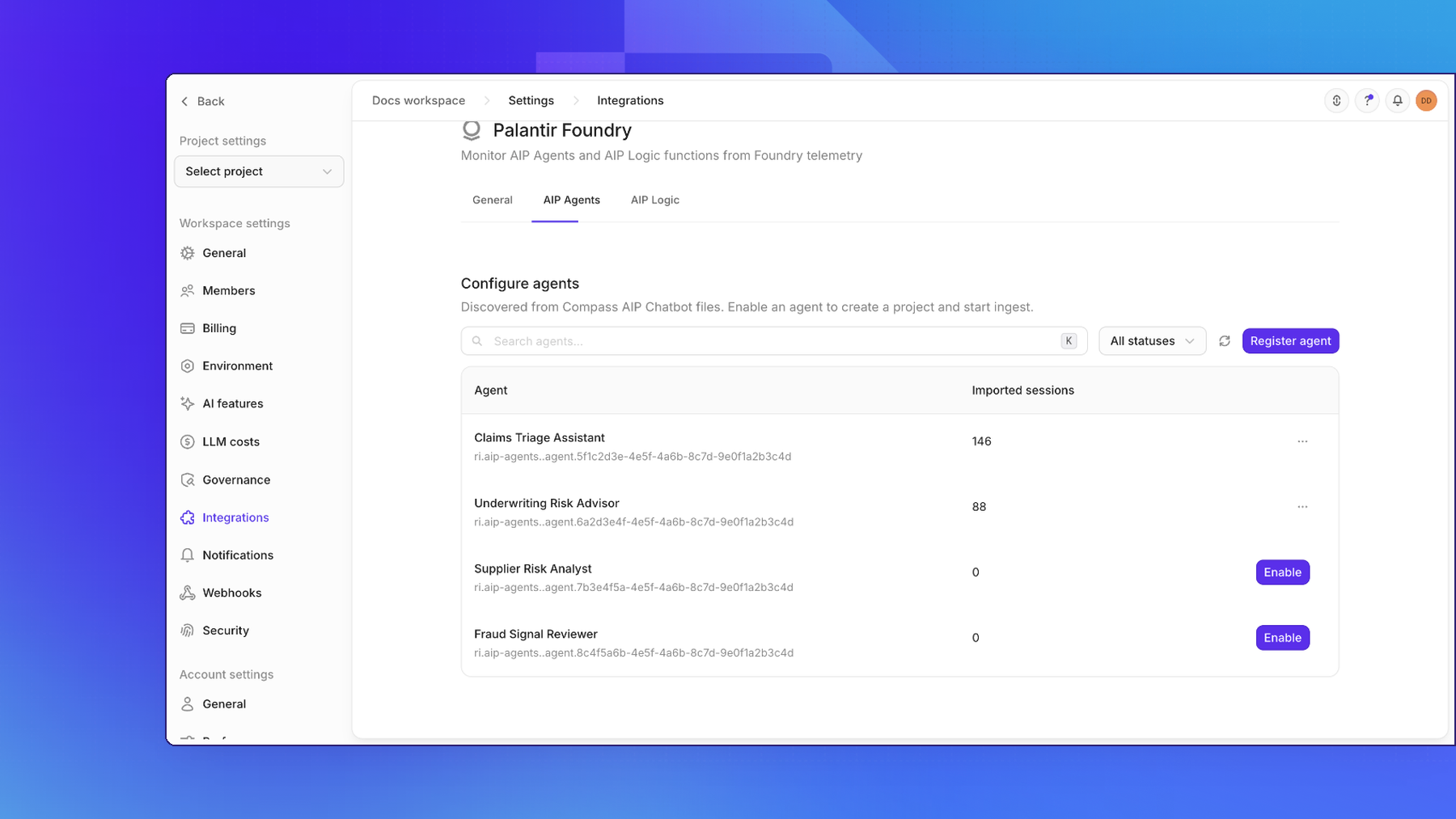 The AIP Agents tab of the Palantir Foundry integration in Openlayer, listing four AIP agents with their agent RIDs and imported sessions, two enabled and two with an Enable button