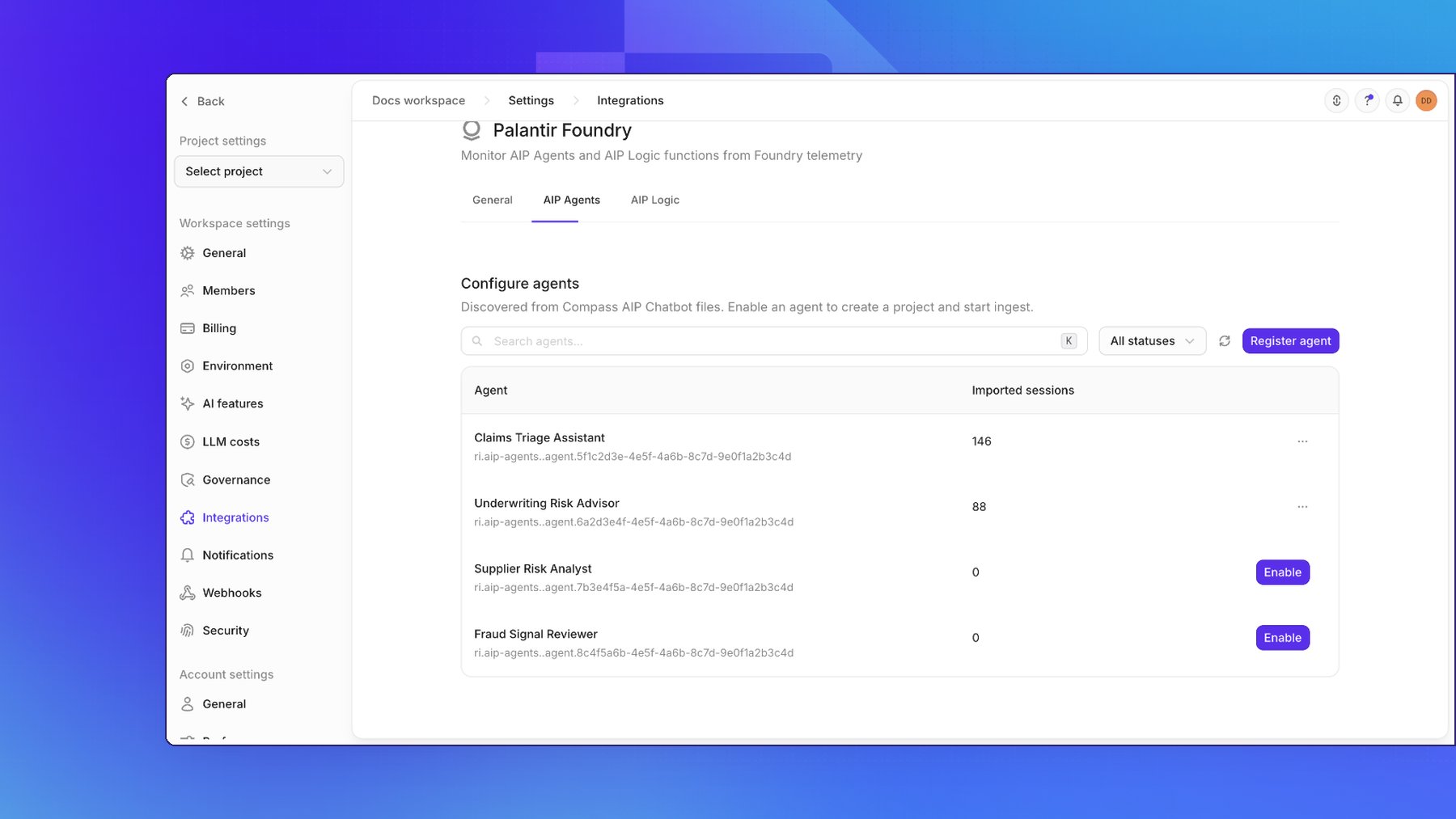 The AIP Agents tab of the Palantir Foundry integration in Openlayer, listing four AIP agents with their agent RIDs and imported sessions, two enabled and two with an Enable button