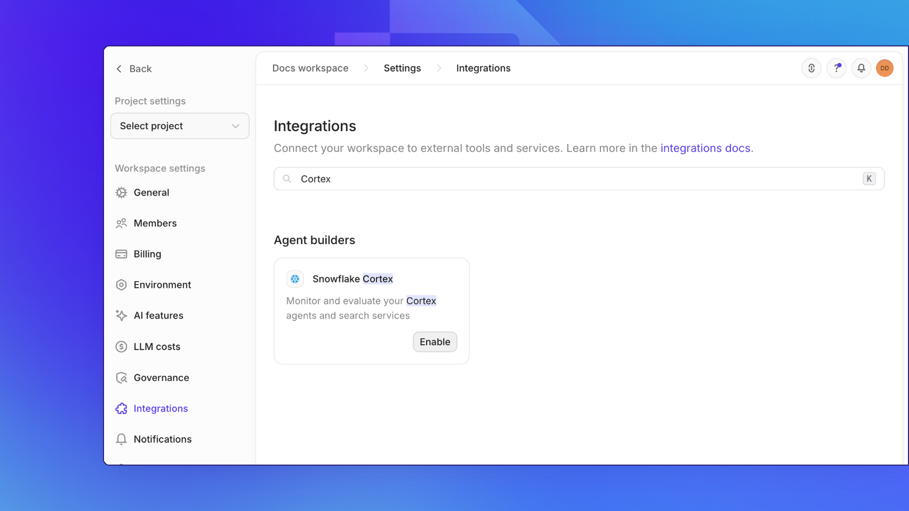 The Openlayer Integrations page, searched for Cortex, with the Snowflake Cortex card and its Enable button