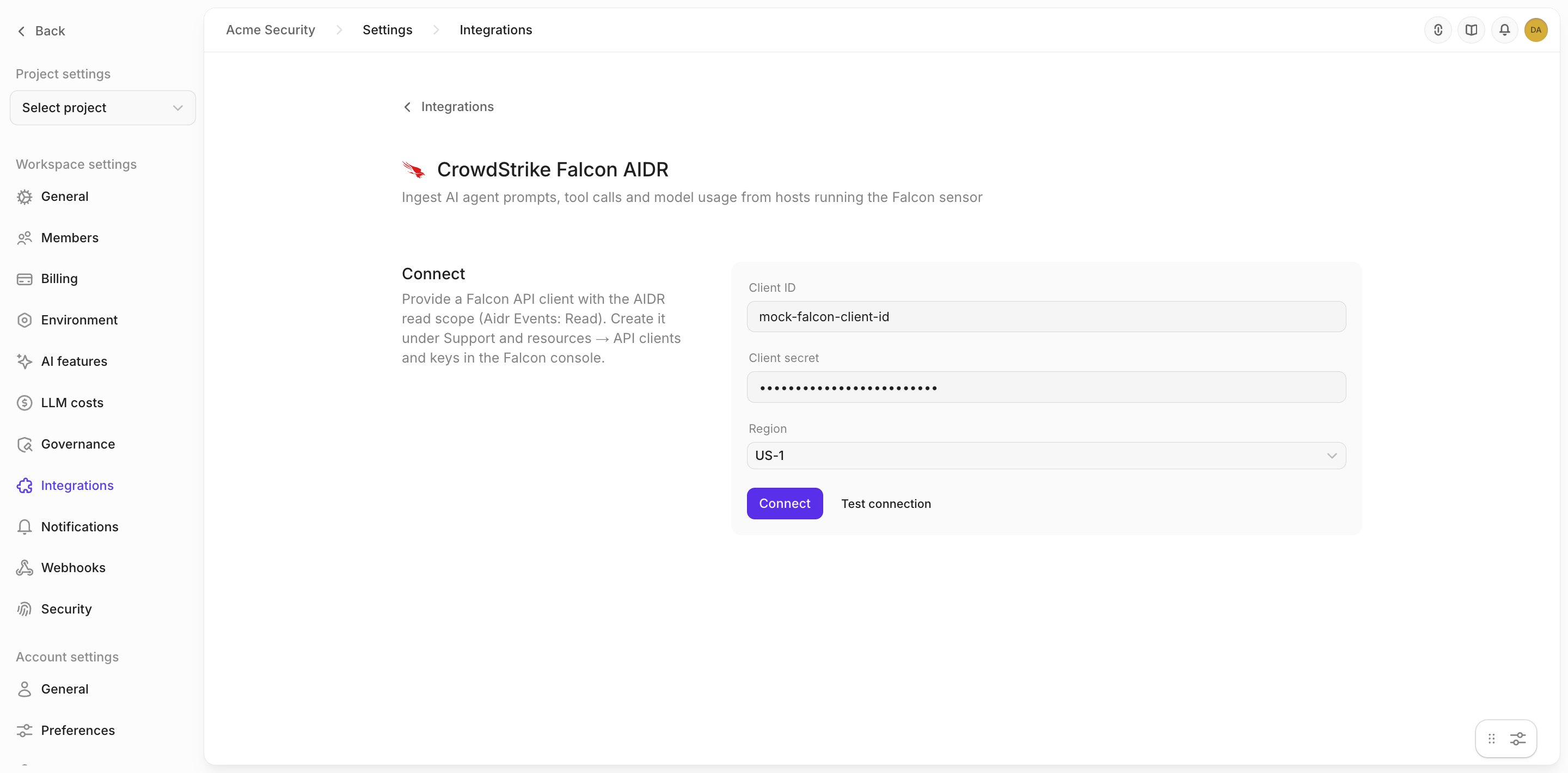 The CrowdStrike Falcon AIDR connect form in Openlayer, with a client ID, a masked client secret, Region set to US-1, and the Connect and Test connection buttons