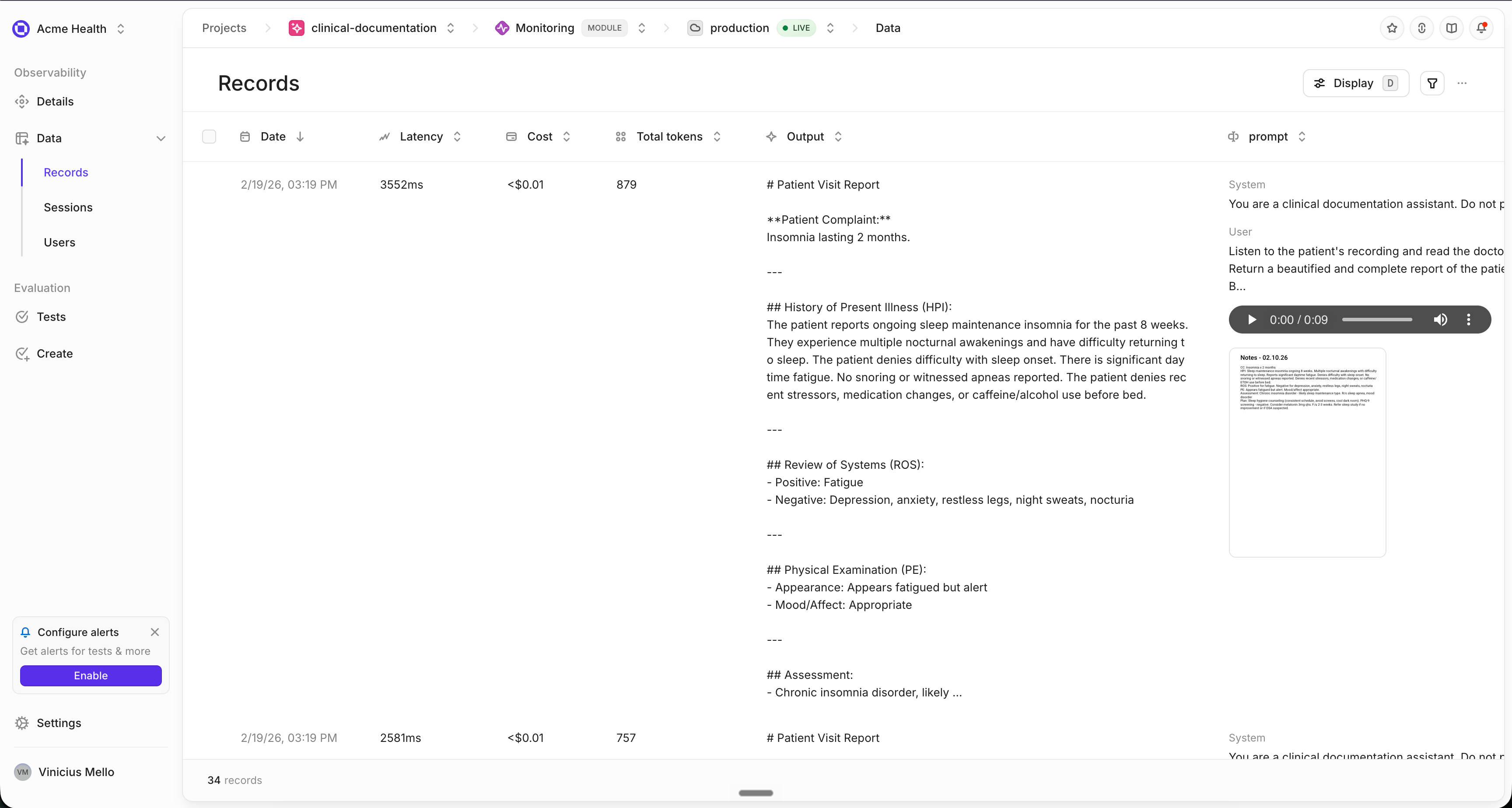 A monitoring record whose trace shows an audio recording and a document alongside the generated text