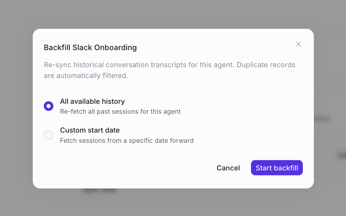 Backfill historical data dialog for an Agentforce agent