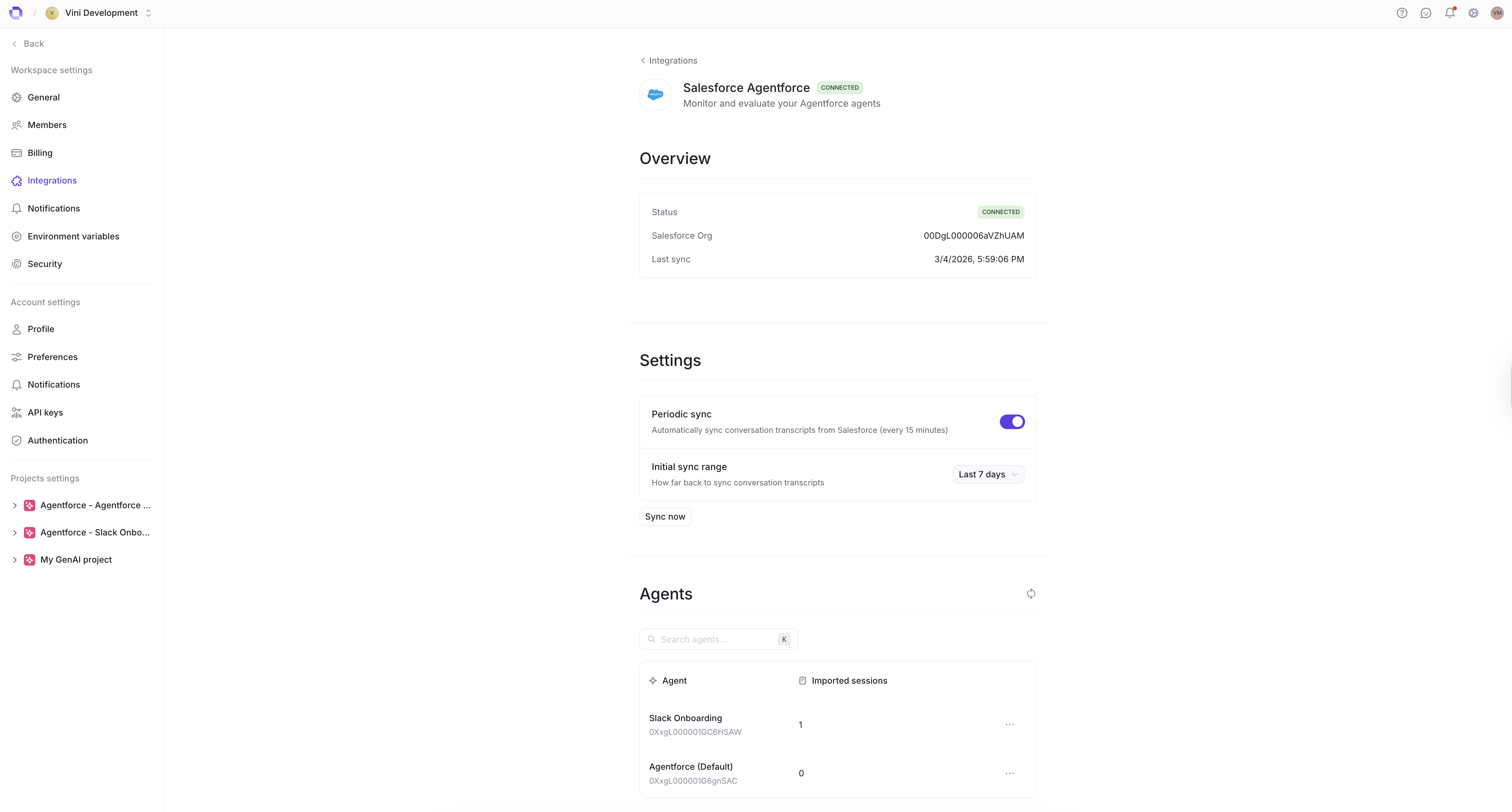 Salesforce Agentforce sync settings and agent list in Openlayer