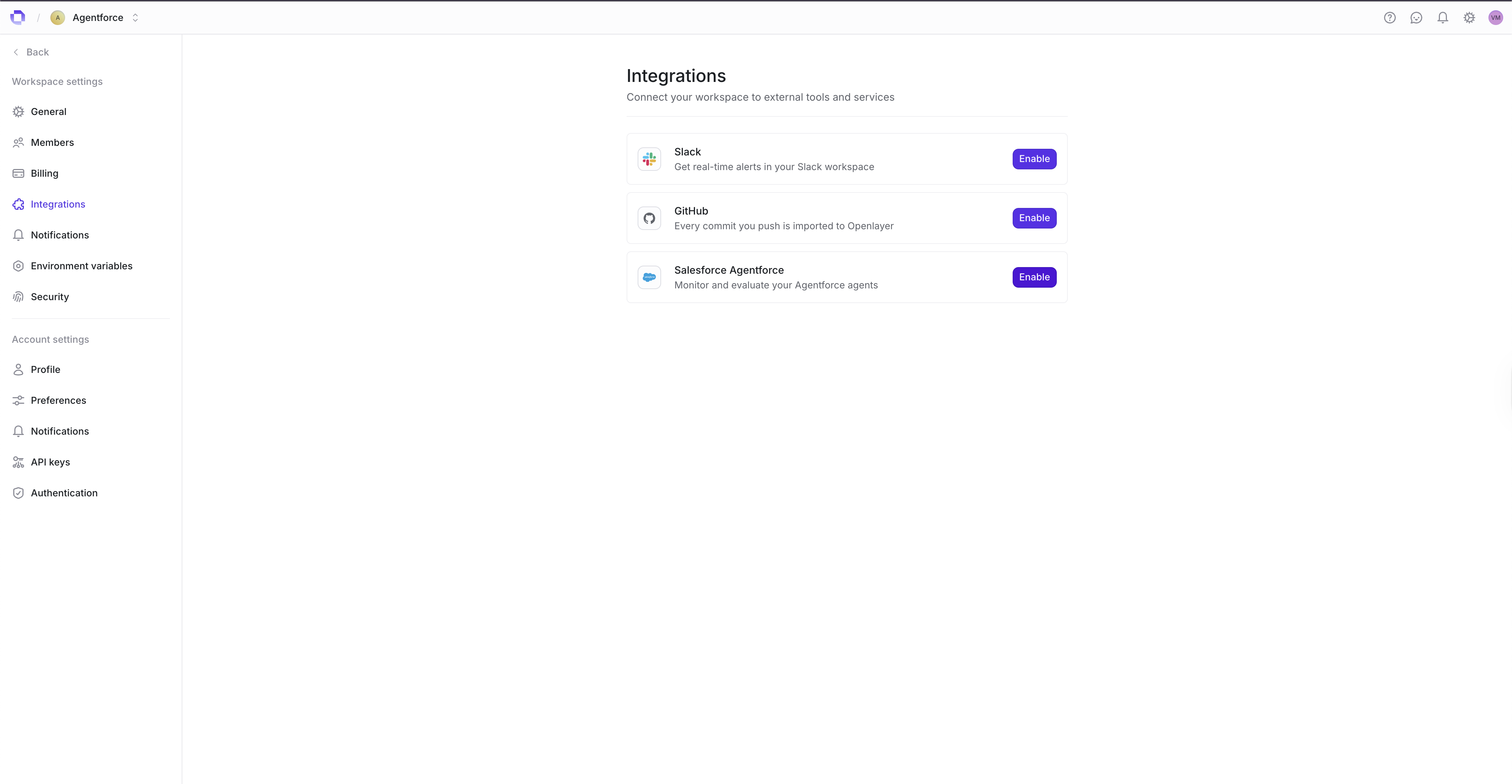 Salesforce Agentforce integration card in Openlayer settings