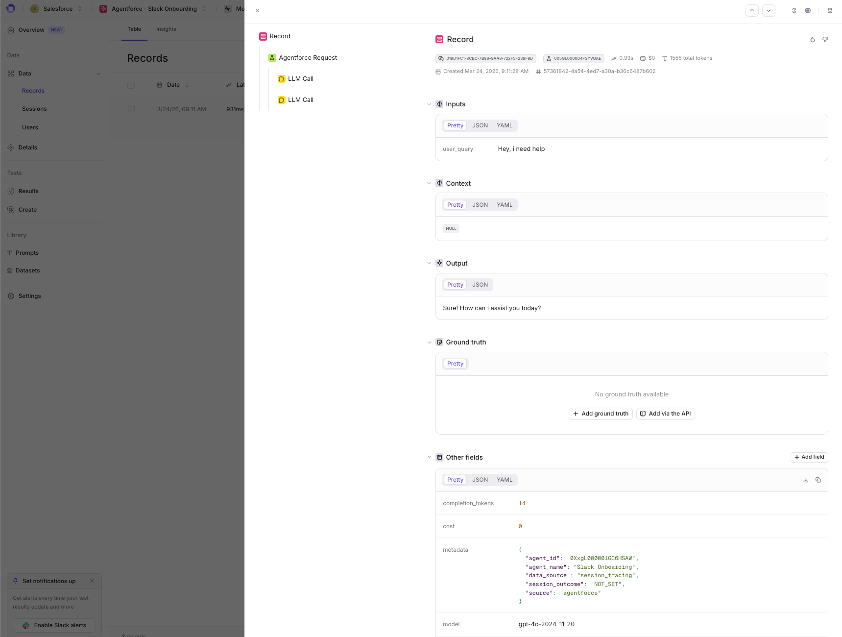 Example conversation trace from an Agentforce agent in Openlayer