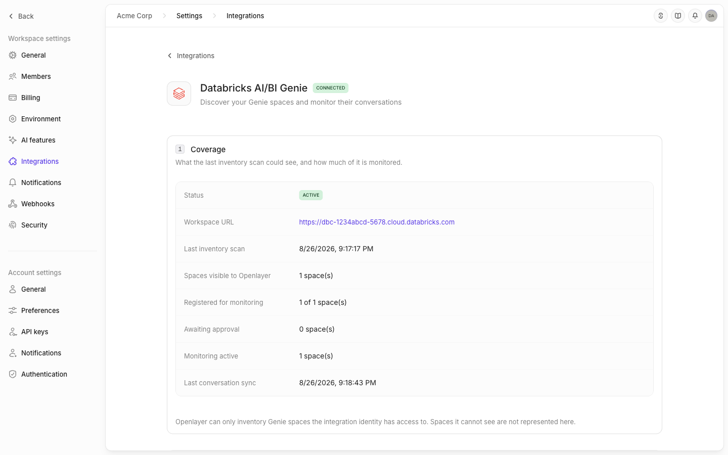 The Databricks AI/BI Genie coverage panel in Openlayer, showing connection status, workspace URL, last inventory scan, spaces visible, spaces registered, and last conversation sync