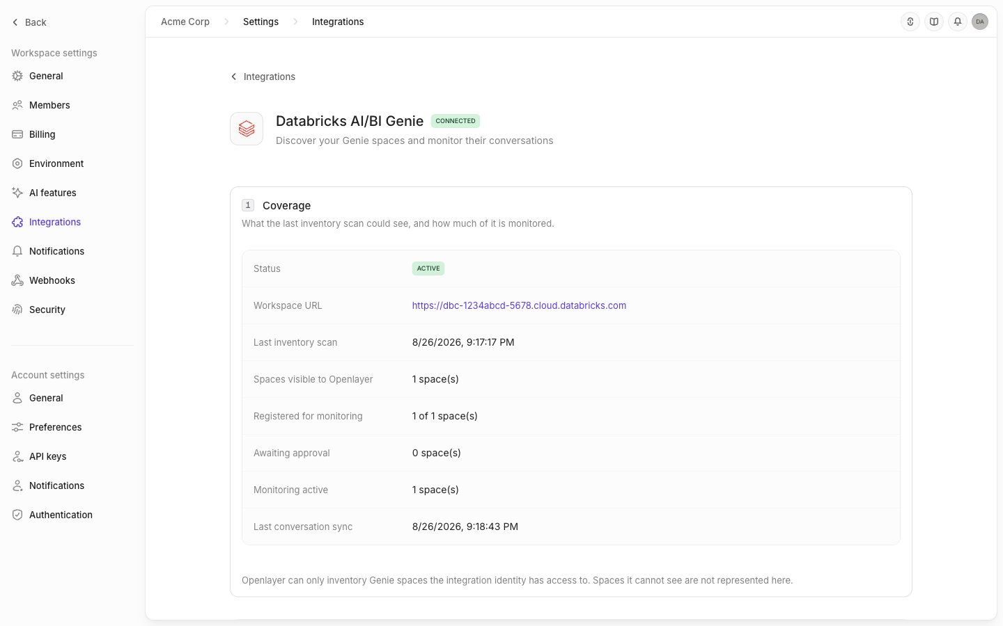 The Databricks AI/BI Genie coverage panel in Openlayer, showing connection status, workspace URL, last inventory scan, spaces visible, spaces registered, and last conversation sync