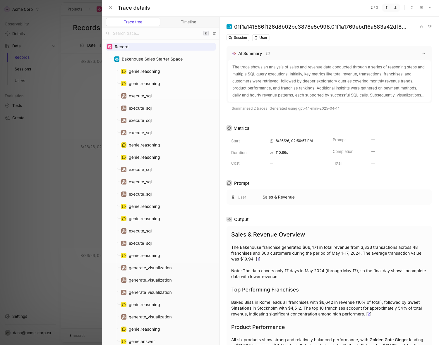 A Databricks Genie conversation turn reconstructed in Openlayer: a trace tree of reasoning, SQL and visualization steps ending in the answer, next to an AI-generated summary of the trace and the answer itself