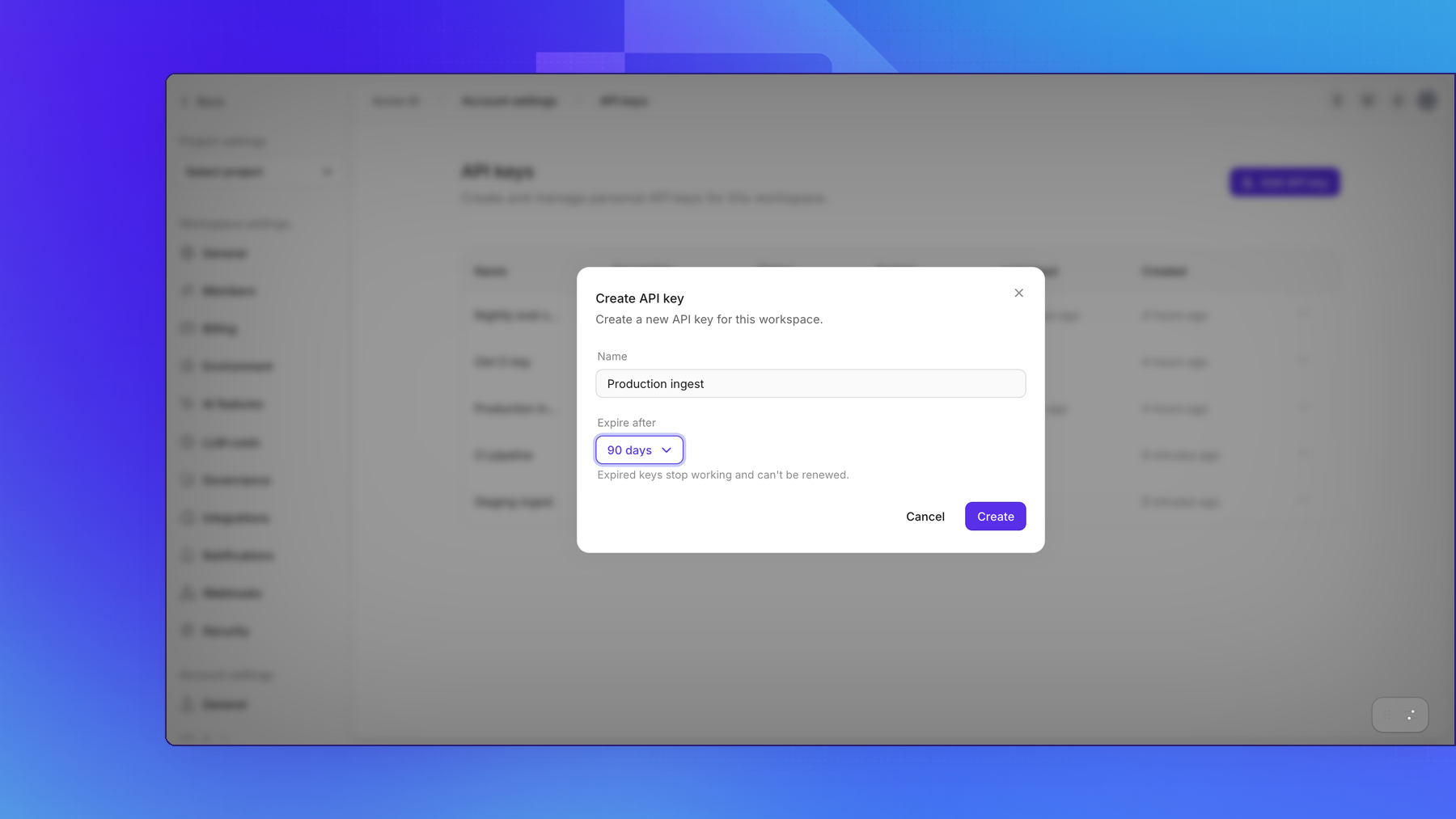 Create API key dialog with Expire after set to 90 days
