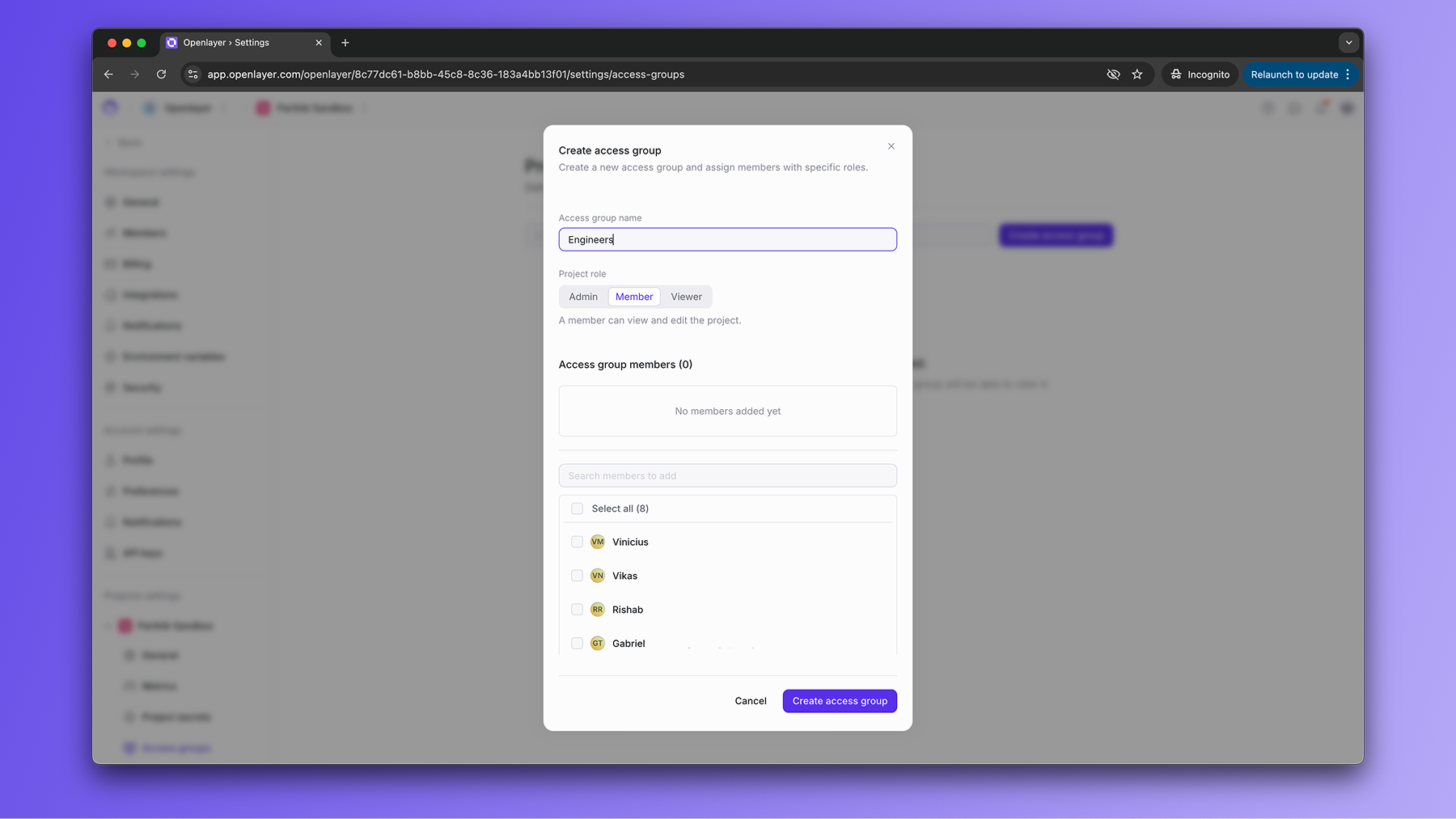 Create new access group