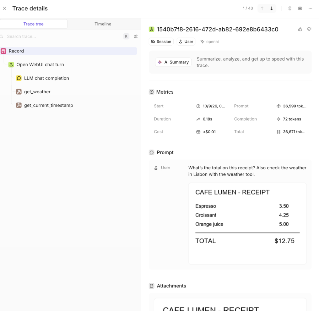 An Open WebUI chat turn in Openlayer: the trace tree with the LLM chat completion and two tool steps, and the receipt image the user attached shown in the prompt