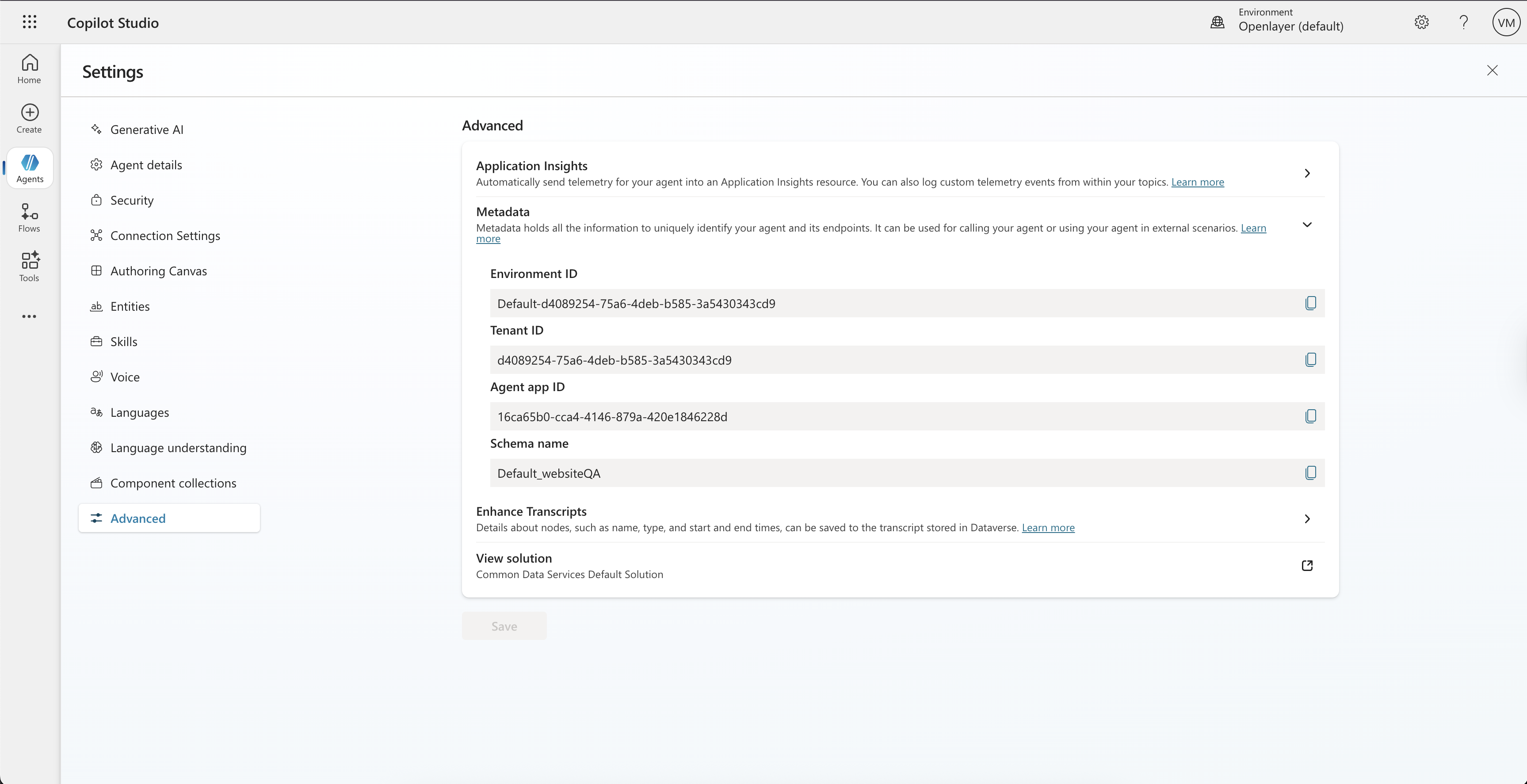 Microsoft Copilot Studio metadata section showing Schema name and Tenant ID