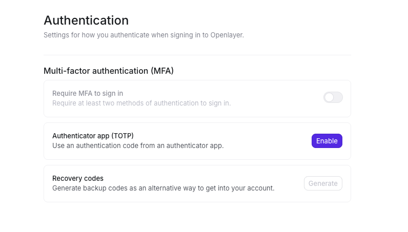 Authentication settings with MFA options