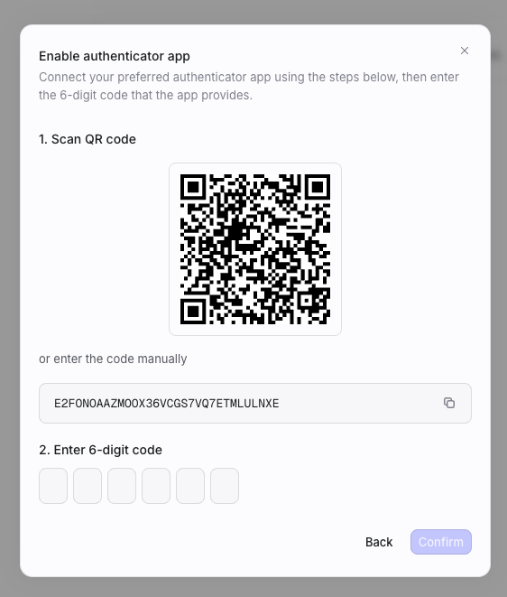 Enable authenticator app setup with QR code and verification