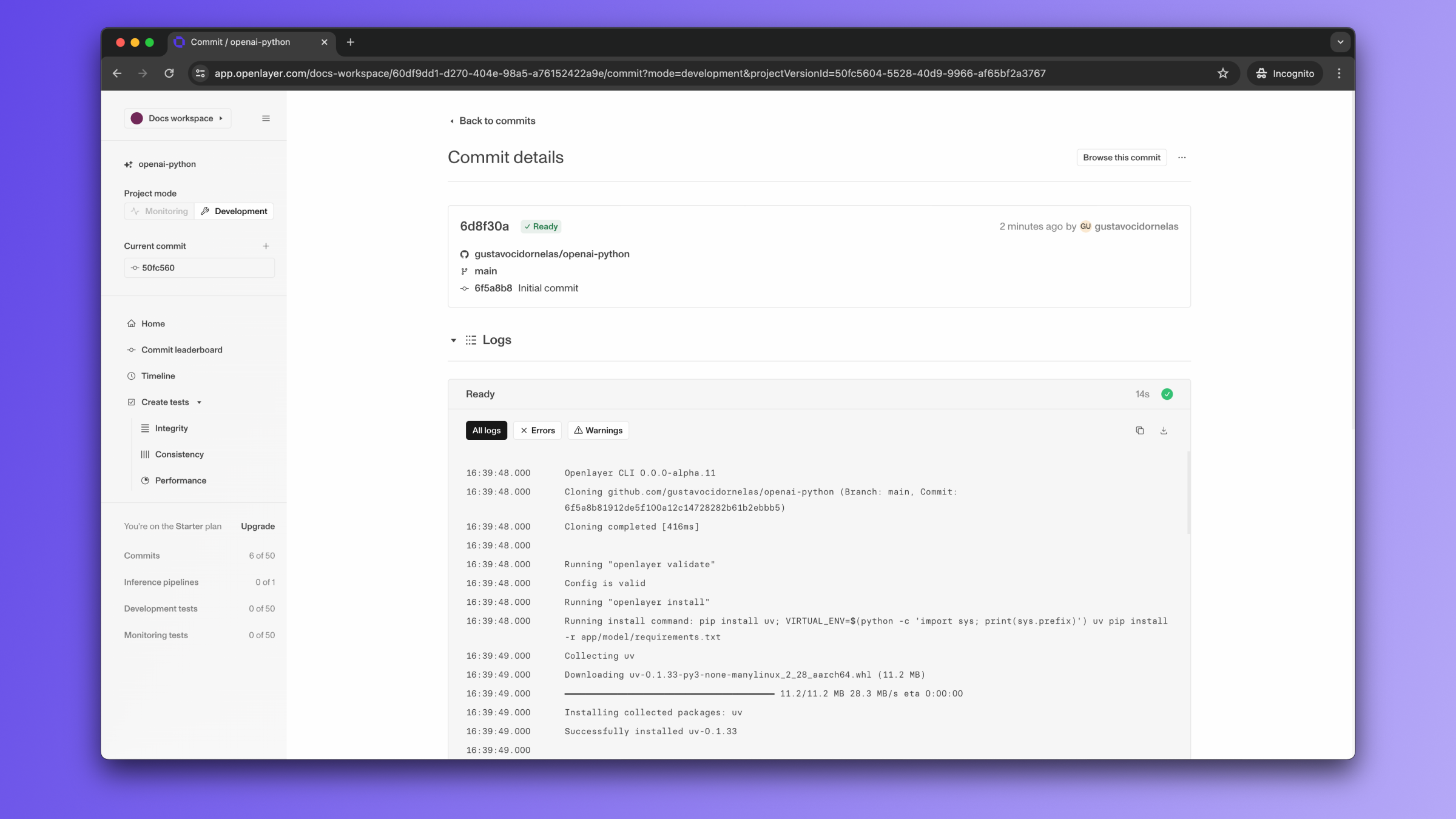 Success commit logs screenshot
