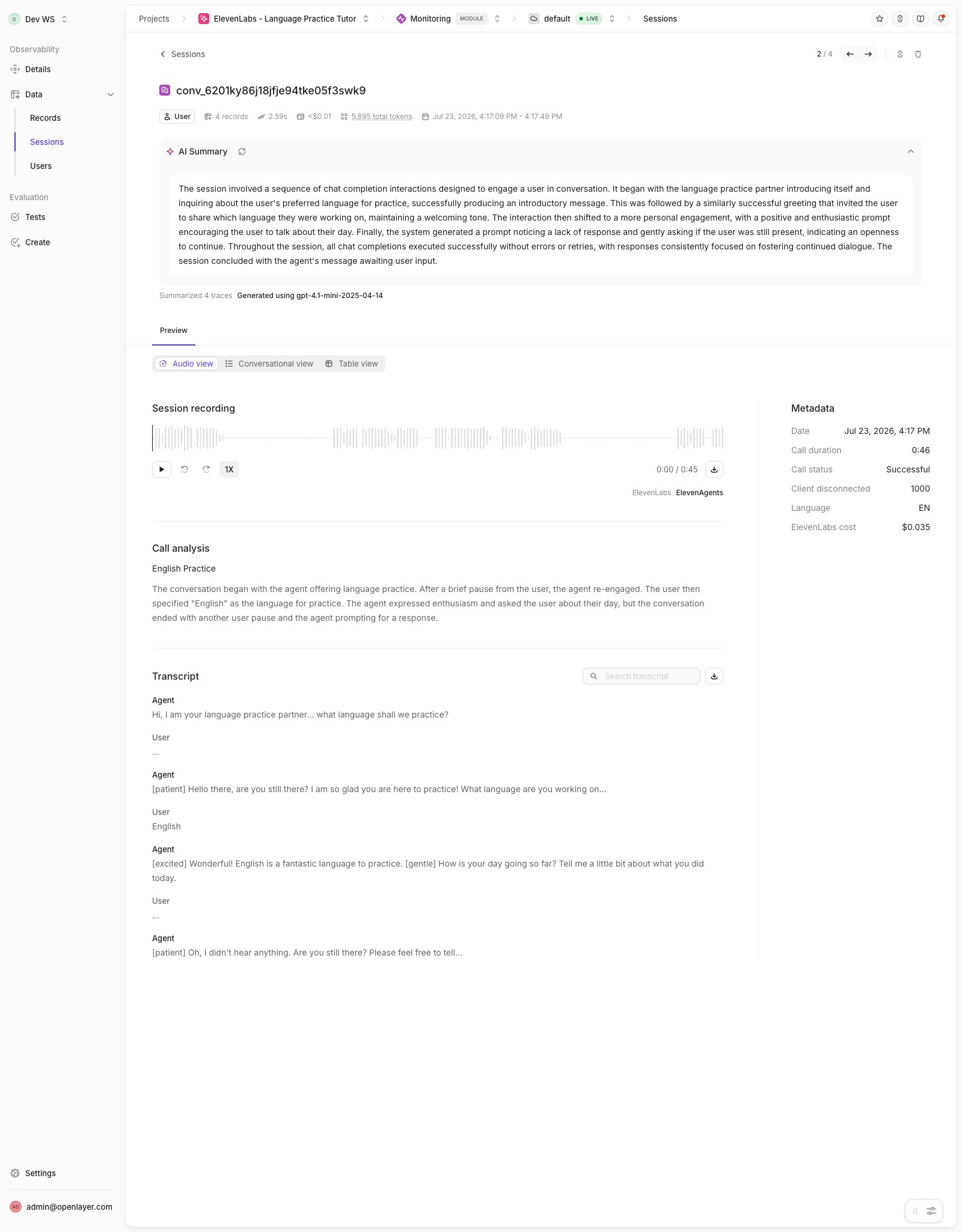 Session page for an ElevenLabs conversation: recording player, call analysis, transcript, and metadata