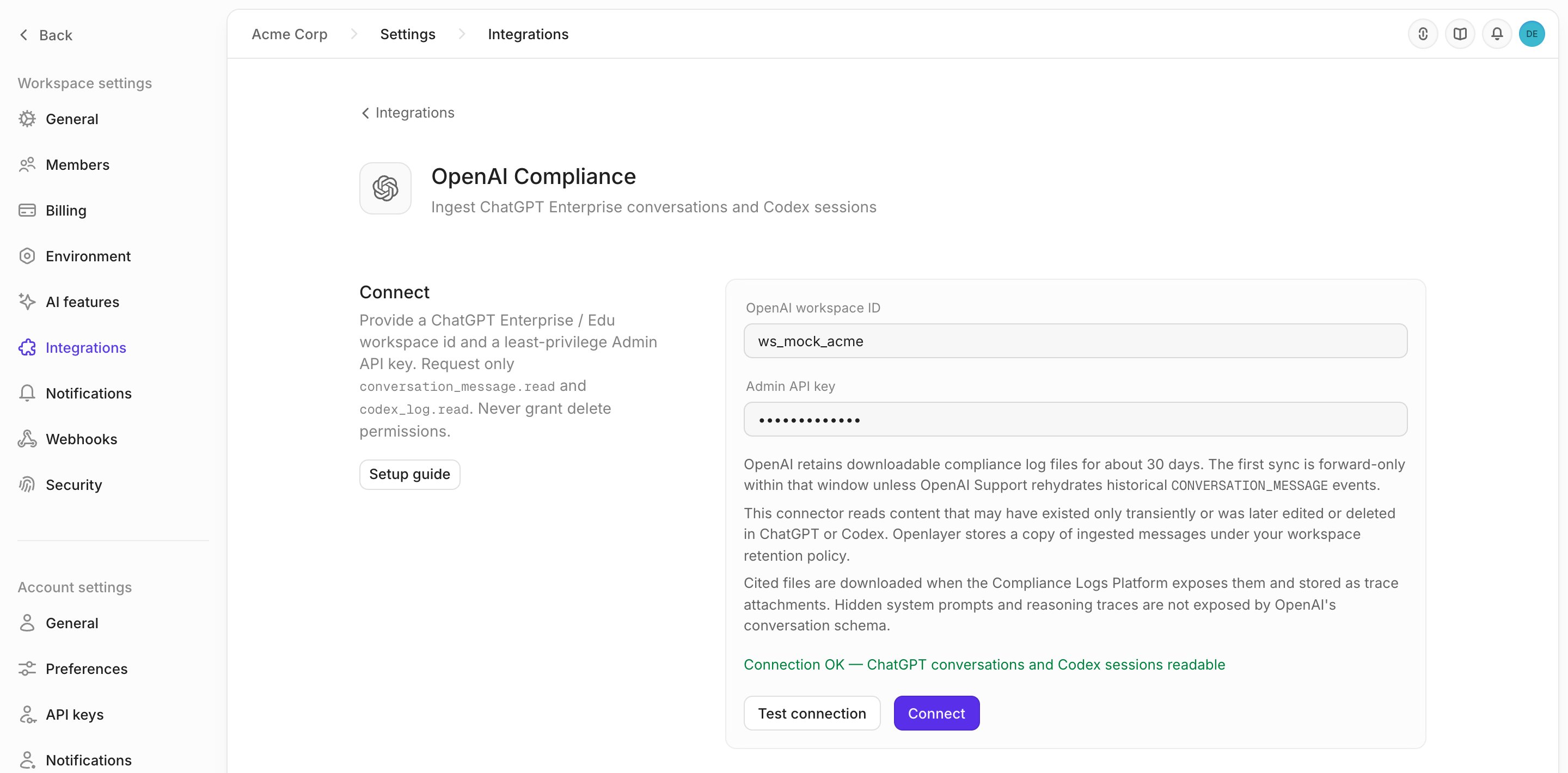 The OpenAI Compliance connect form in Openlayer, with a validated workspace ID and Admin API key and a Connection OK result naming both readable event types