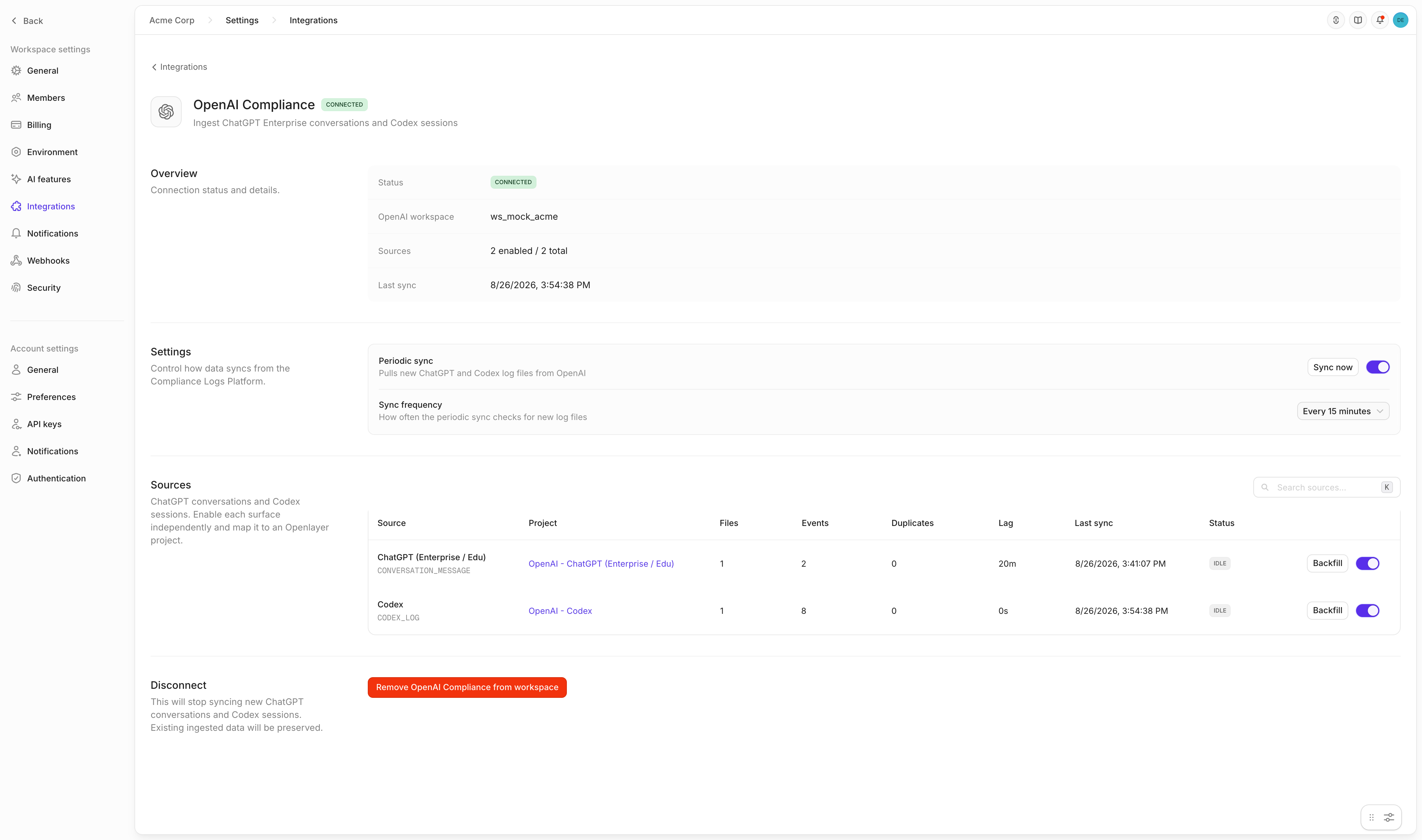 The connected OpenAI Compliance integration in Openlayer, showing connection status, sync settings, and both sources mapped to their projects