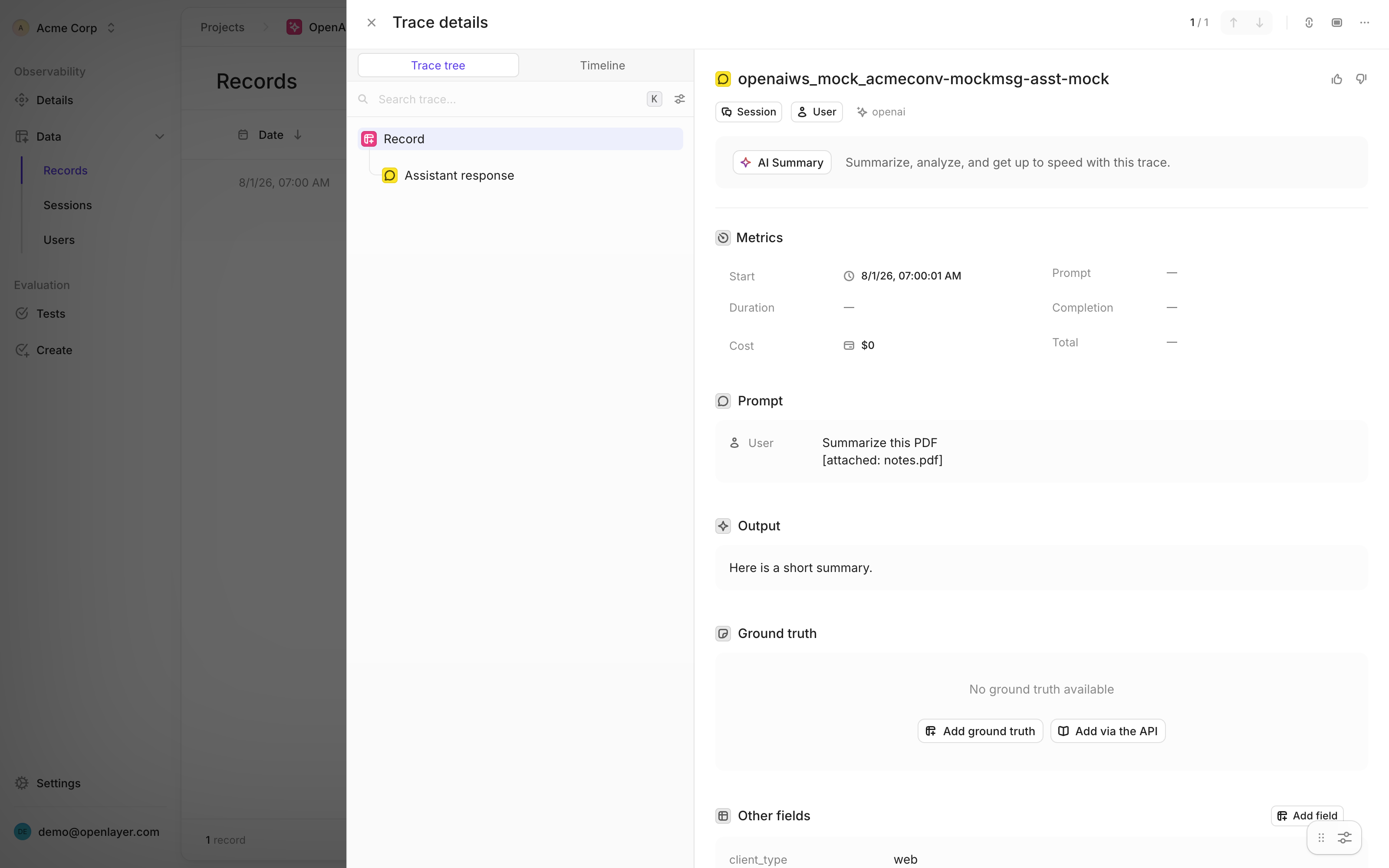 A ChatGPT conversation ingested from the Compliance Logs Platform, shown as a trace in Openlayer