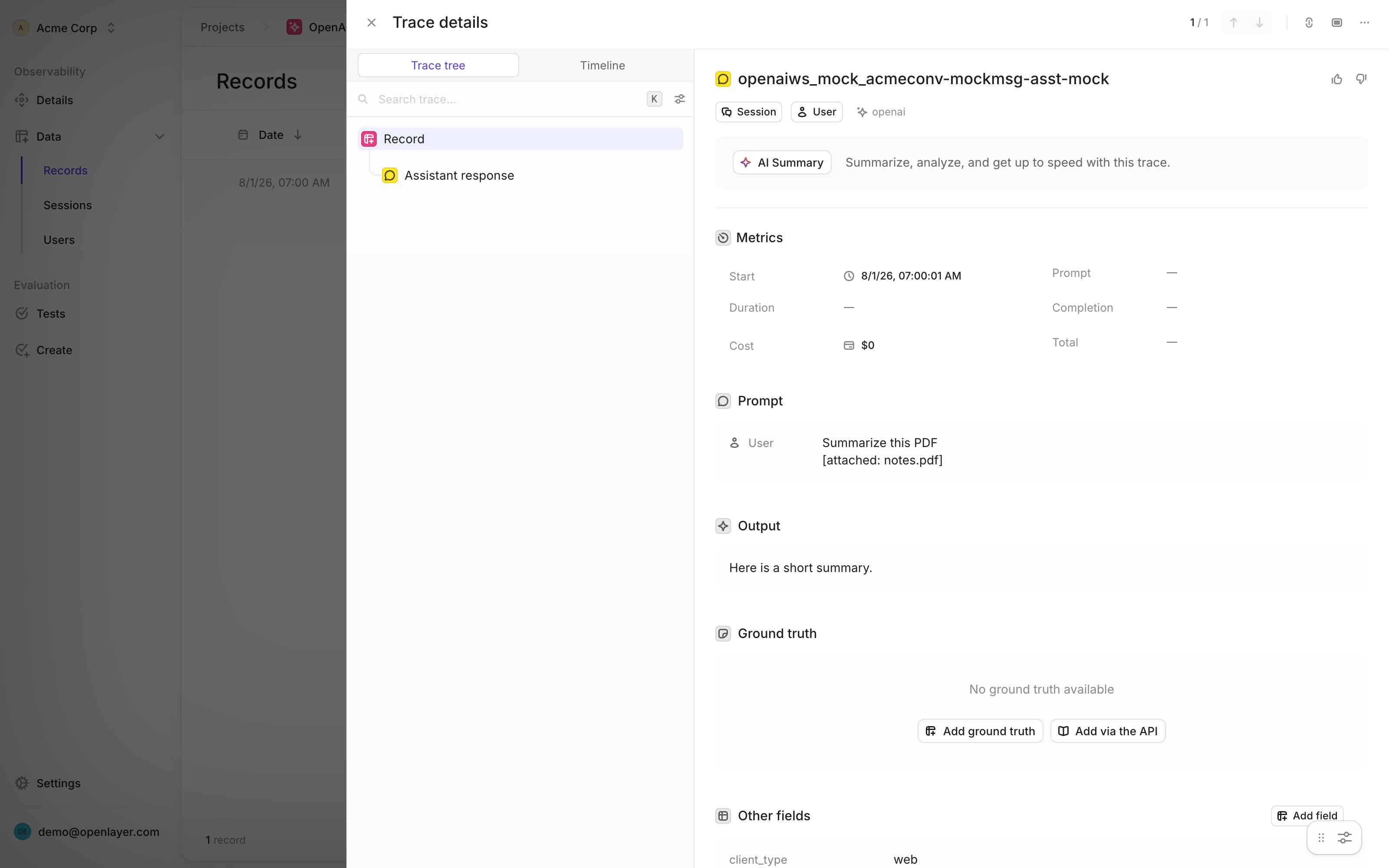 A ChatGPT conversation ingested from the Compliance Logs Platform, shown as a trace in Openlayer