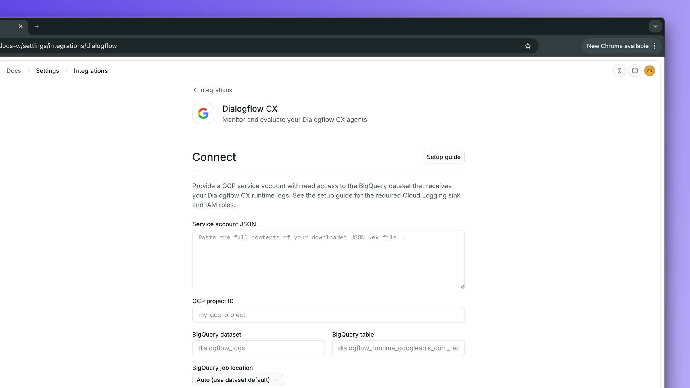 Connecting Dialogflow CX in Openlayer with service account JSON