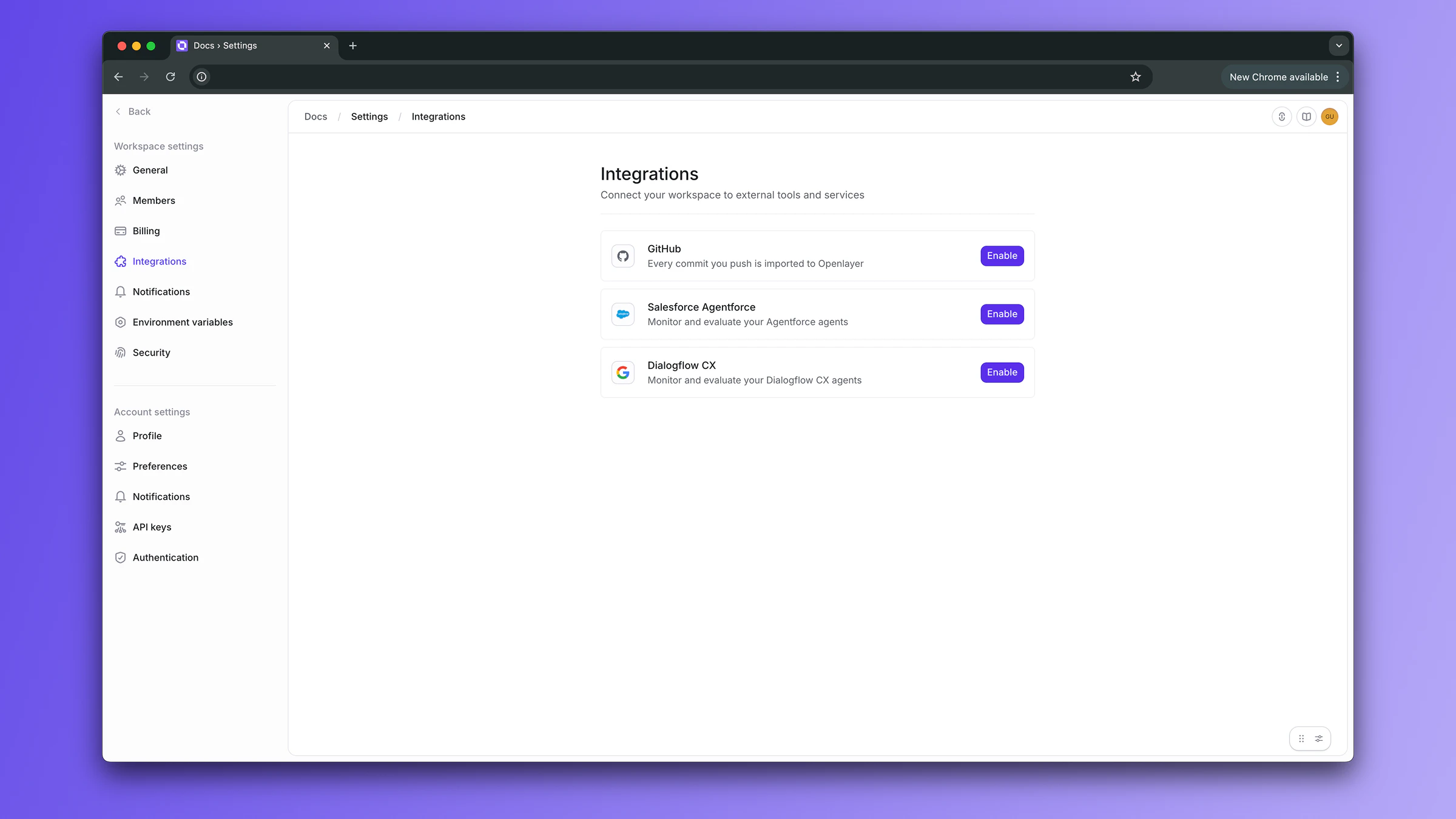 Dialogflow CX integration card in Openlayer settings