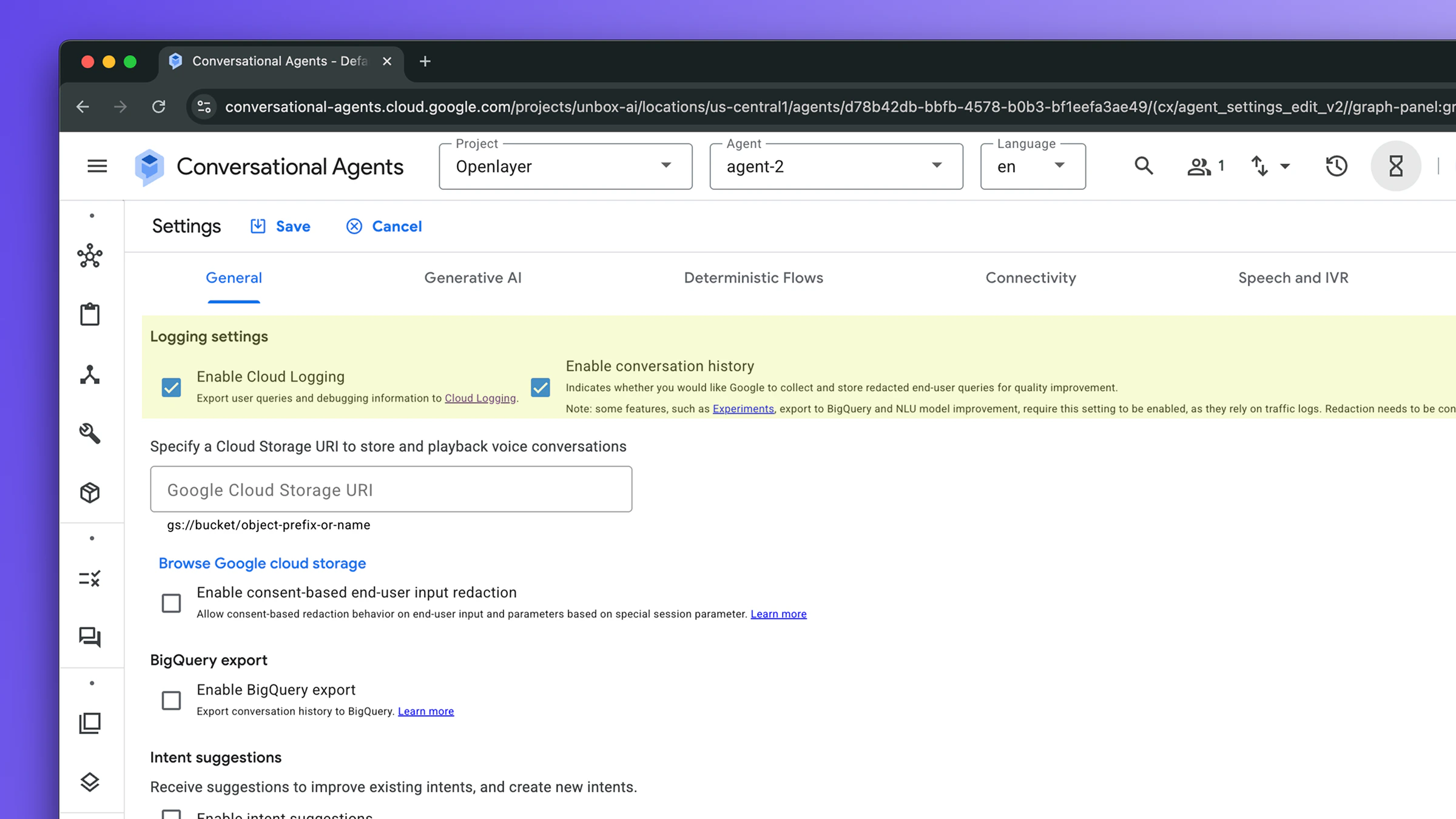 Dialogflow CX agent logging settings showing both toggles enabled