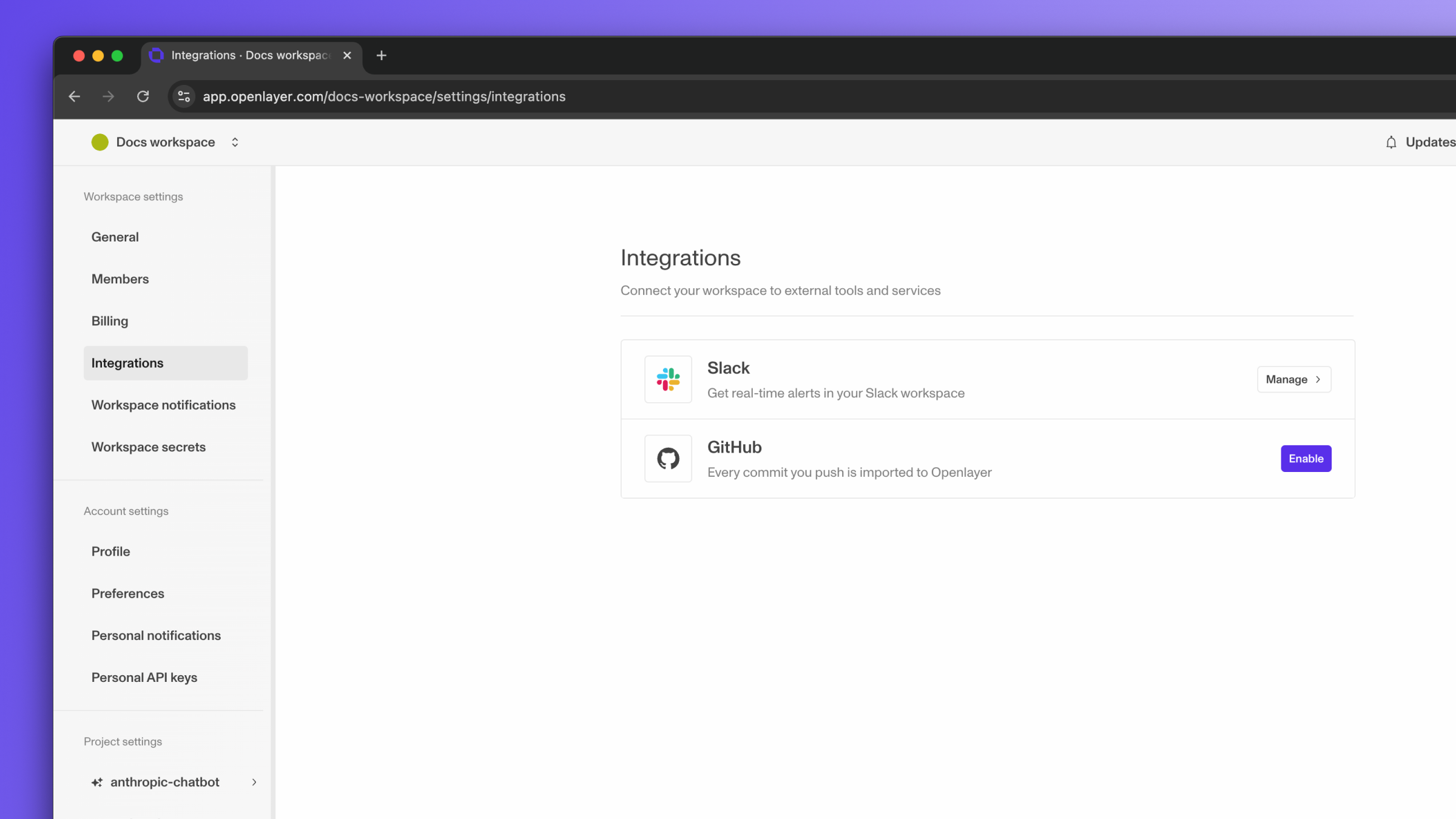 Enabling the GitHub integration