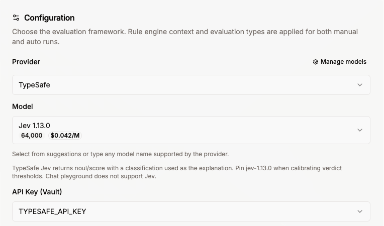 Evaluation configuration with the TypeSafe provider, the Jev 1.13.0 model, and a Vault API key selected