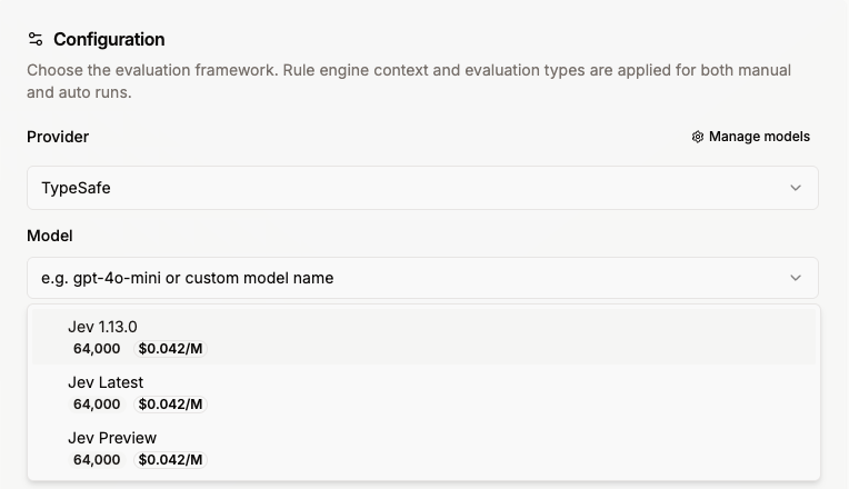 Model list for the TypeSafe provider showing Jev 1.13.0, Jev Latest, and Jev Preview with 64,000 context and $0.042 per million tokens
