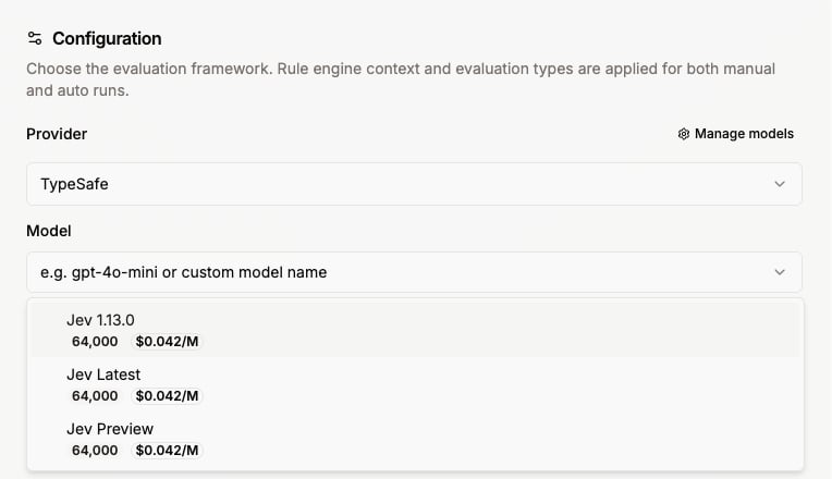 Model list for the TypeSafe provider showing Jev 1.13.0, Jev Latest, and Jev Preview with 64,000 context and $0.042 per million tokens