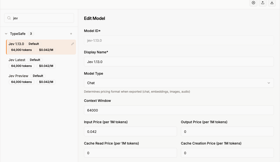 Manage Models showing the TypeSafe provider with Jev 1.13.0, Jev Latest, and Jev Preview, and the Jev 1.13.0 editor open with Model Type Chat and input price 0.042