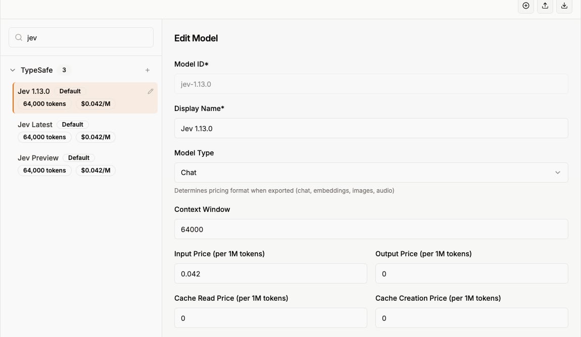 Manage Models showing the TypeSafe provider with Jev 1.13.0, Jev Latest, and Jev Preview, and the Jev 1.13.0 editor open with Model Type Chat and input price 0.042