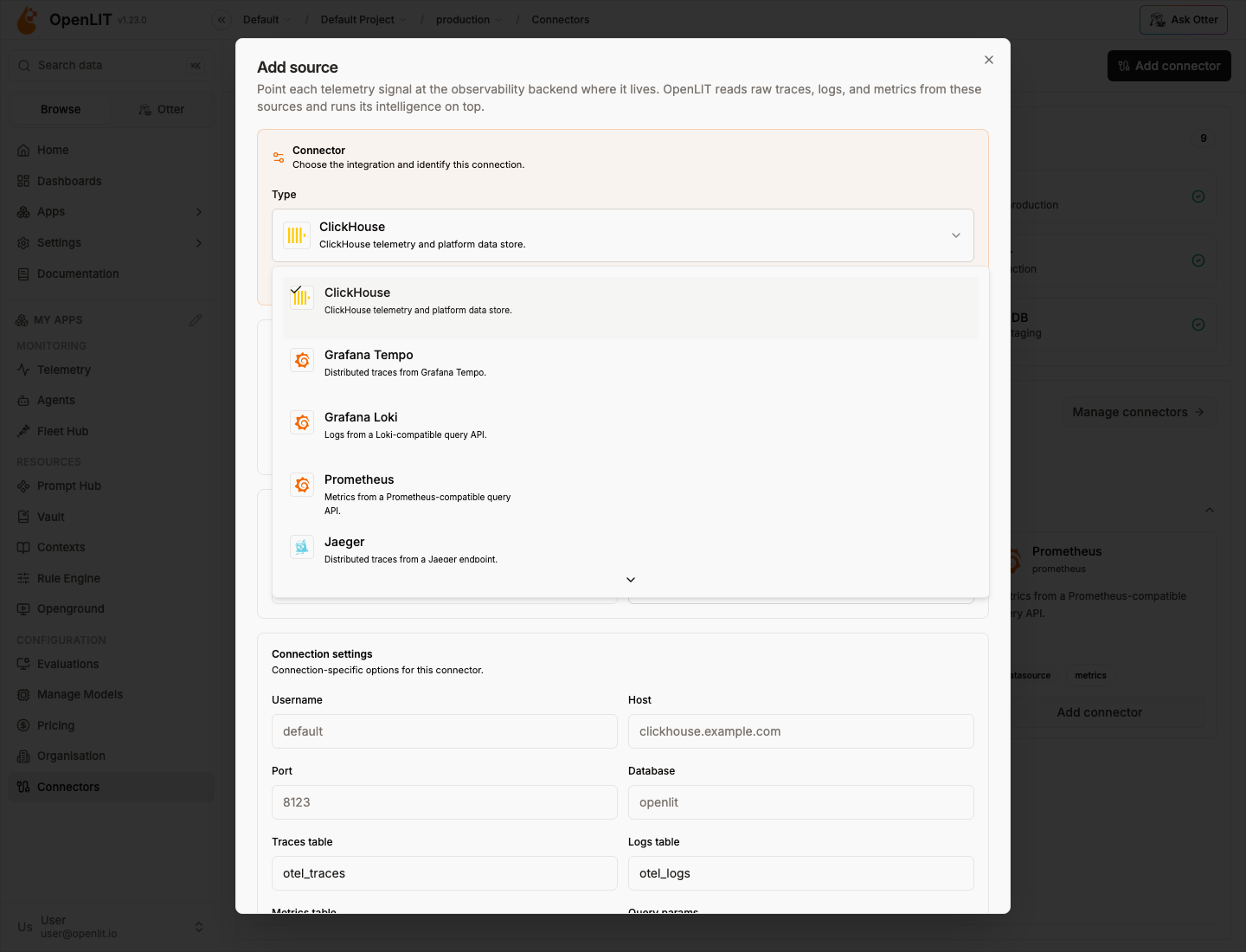 Add source dialog with the connector type menu open, including Jaeger