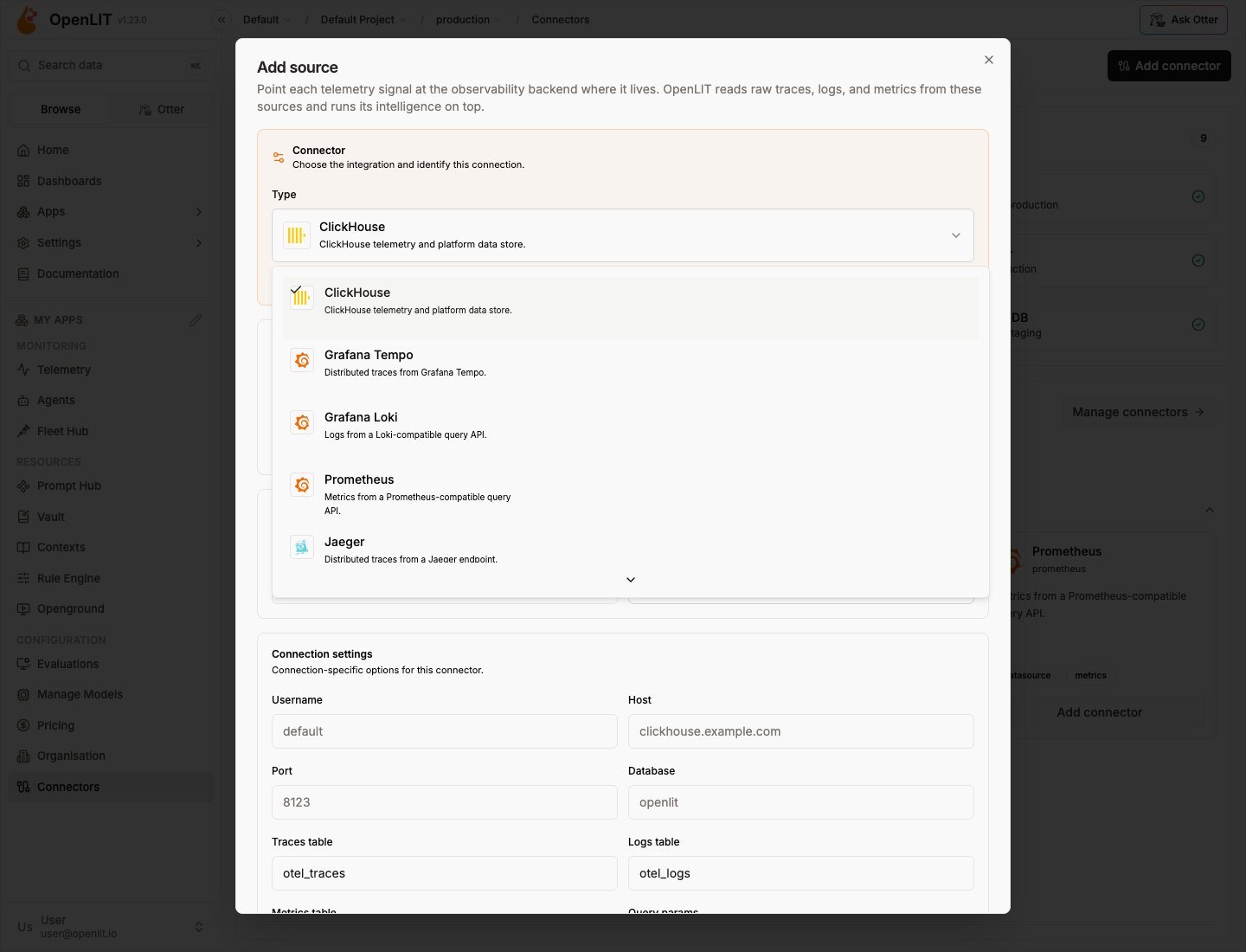 Add source dialog with the connector type menu open, including Jaeger